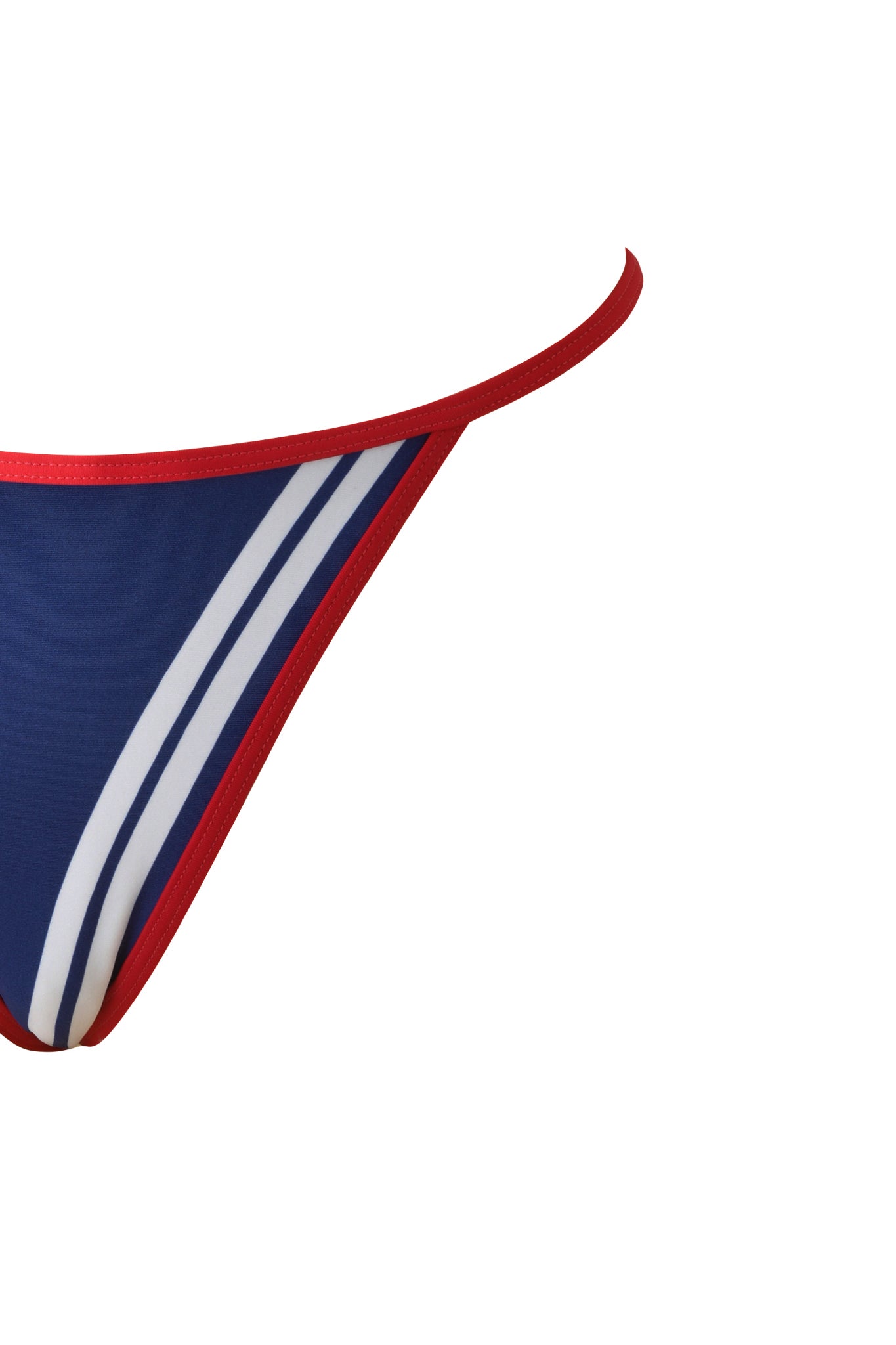 Close-up of I.AM.GIA CARMELLA BIKINI BOTTOM - NAVY, featuring blue fabric, two diagonal white stripes, red trim, low-rise waist, and high-cut leg against a plain white background.