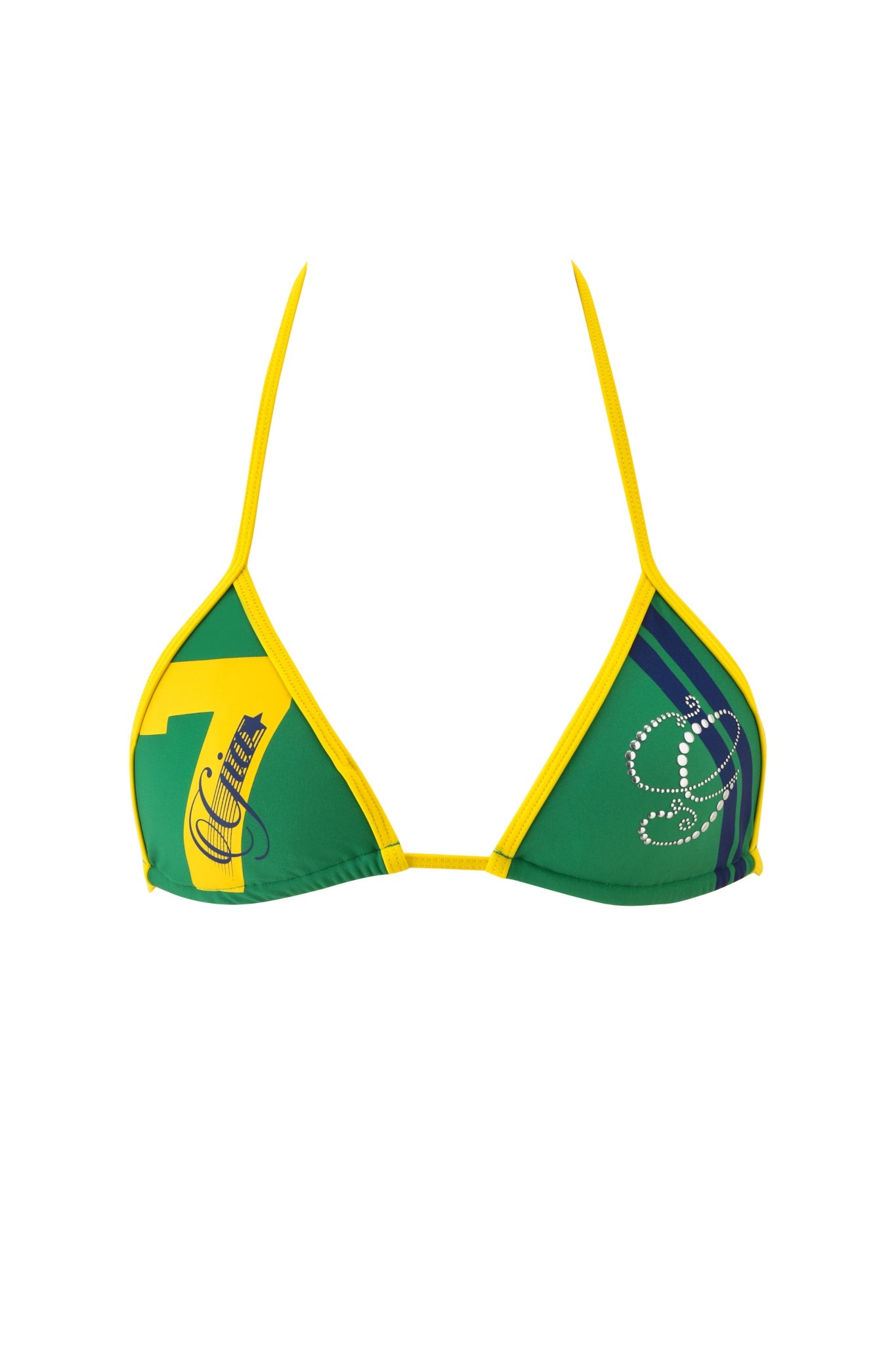 The CARMELLA BIKINI TOP - GREEN by I.AM.GIA features yellow straps, a bold number 7, blue diagonal stripe, decorative motifs, and signature brand illustration for a striking swimwear look.