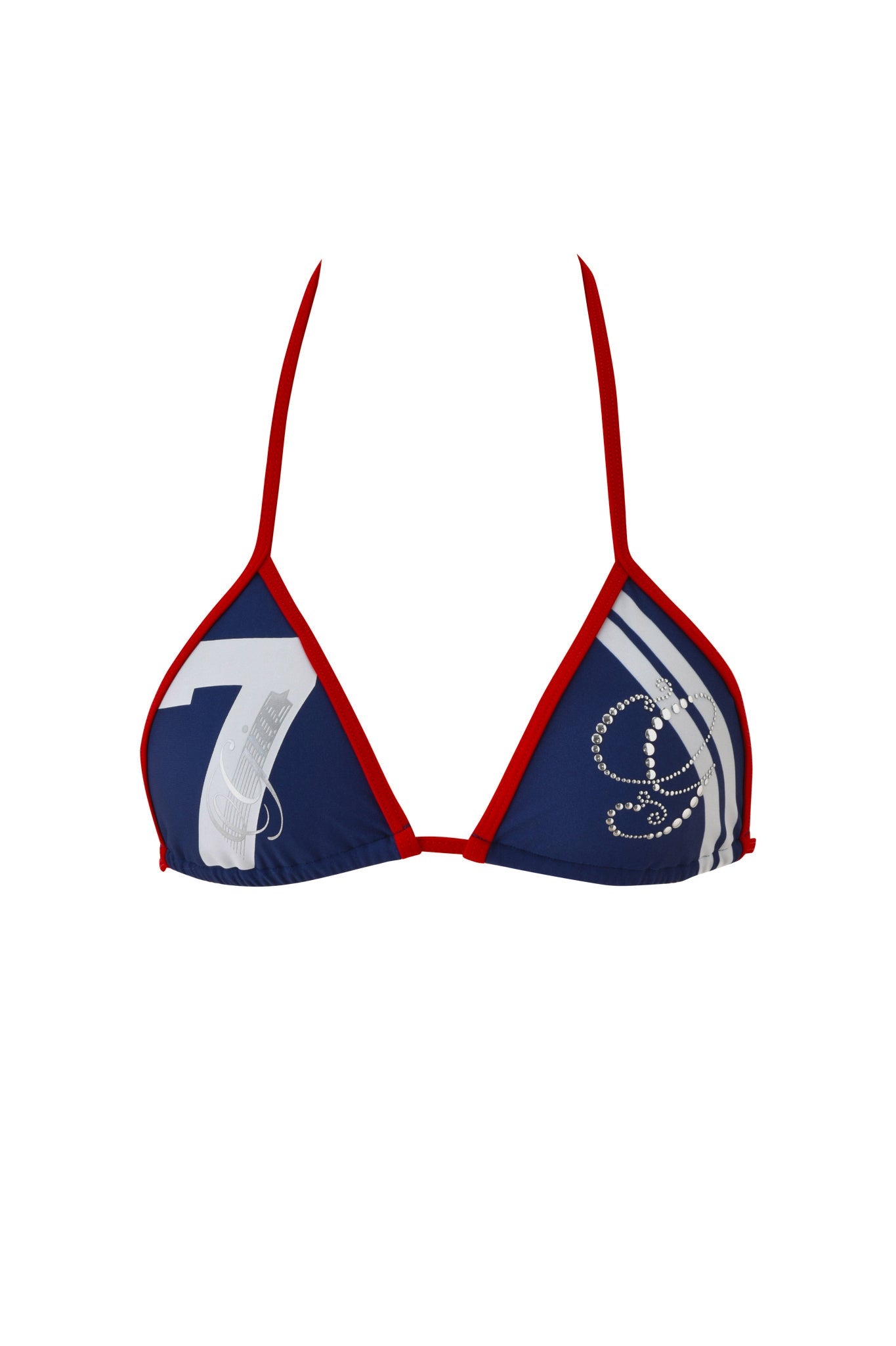 The CARMELLA BIKINI TOP - NAVY by I.AM.GIA features a blue triangle design with red straps and trim, white and gray graphics, rhinestone details on each cup, and an adjustable halter neck for a customizable fit.