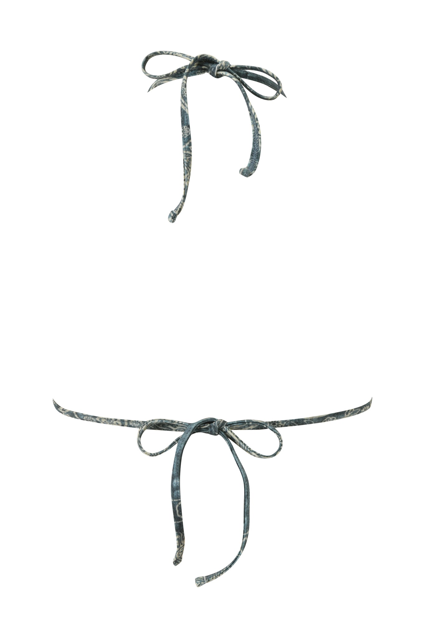 Two blue bandana-patterned bikini string ties, from the I.AM.GIA T-REX AVA BIKINI TOP collection, styled in the signature Ava Bikini look, each tied into a neat bow and displayed on a plain white background.