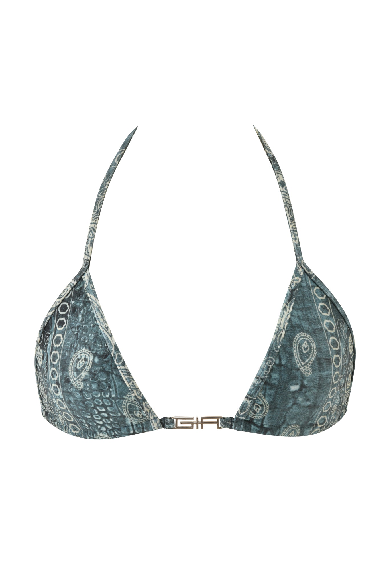 The T-REX AVA BIKINI TOP - BLUE BANDANA by I.AM.GIA showcases a blue and white paisley-inspired triangle bikini top, featuring classic Blue Bandana style with halter neck straps and a stylish metal clasp at the front center.