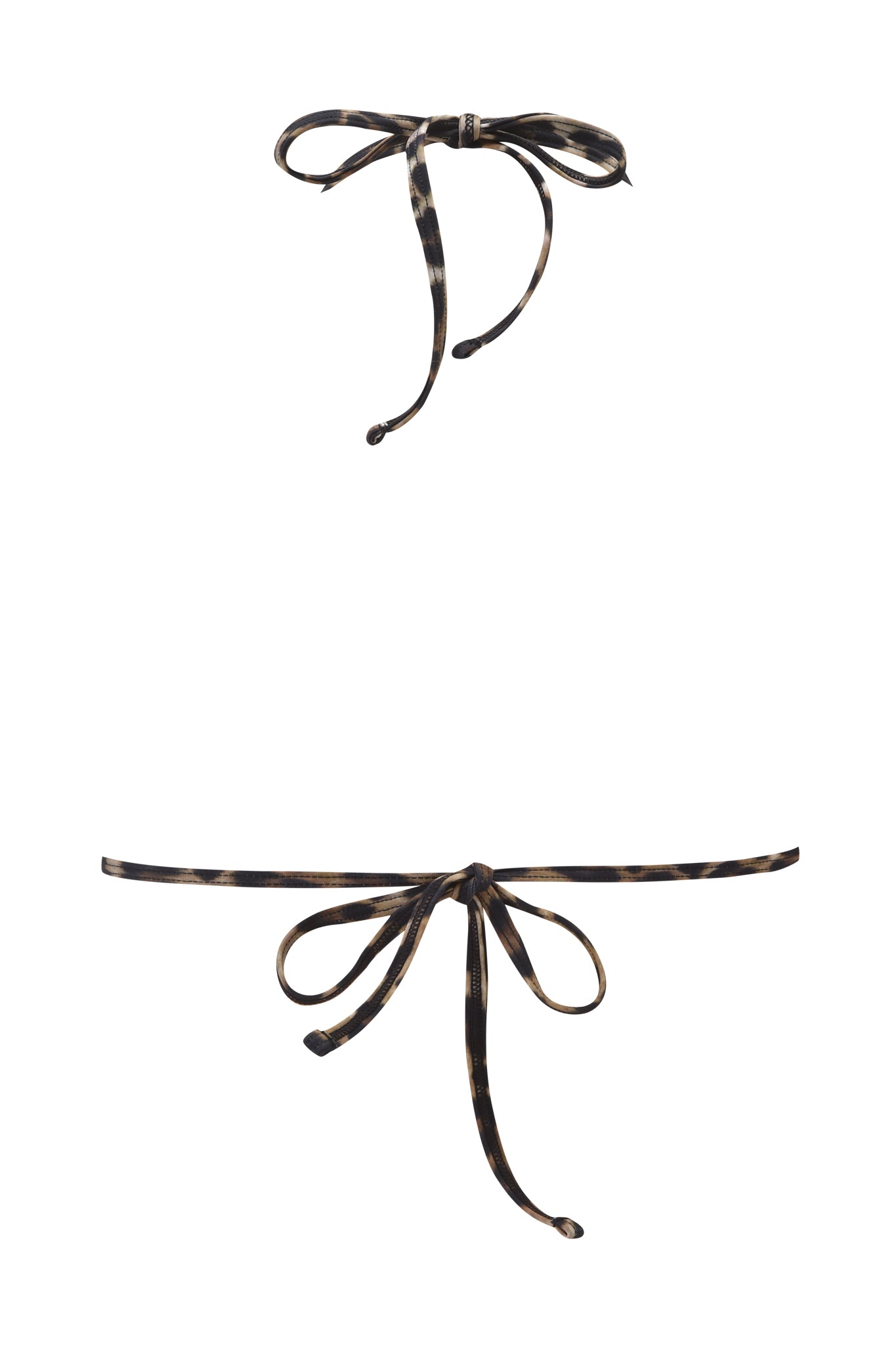 Two thin leopard-print strings from the I.AM.GIA AVA BIKINI TOP are tied in bows and displayed on a white background, with one bow at the top and one at the bottom of the image.