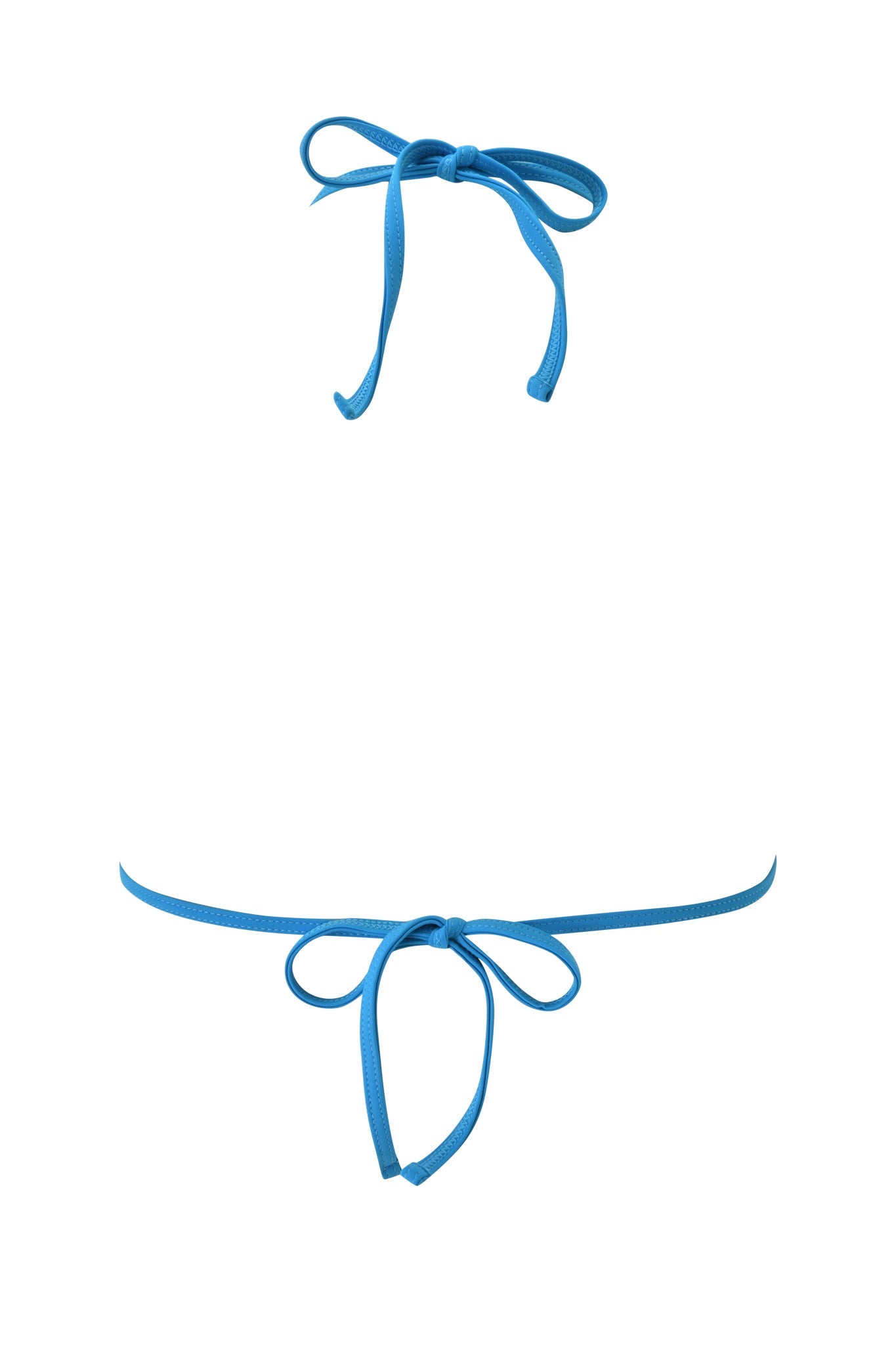 A pink bikini string tied in a bow at the top, reminiscent of the triangle T-REX AVA BIKINI TOP by I.AM.GIA, and another pink string tied in a bow at the bottom representing a bikini bottom string, both set against a white background.