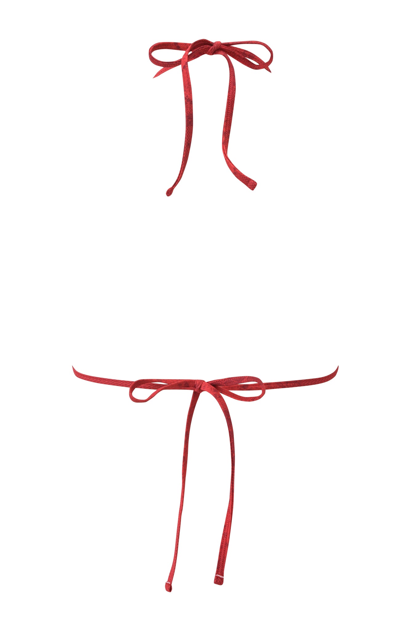 Two red velvet strings tied into bows, one at the top and one near the bottom, evoke the delicate ties of the I.AM.GIA AVA BIKINI TOP - RED SERPENTINE, set against a plain white background.