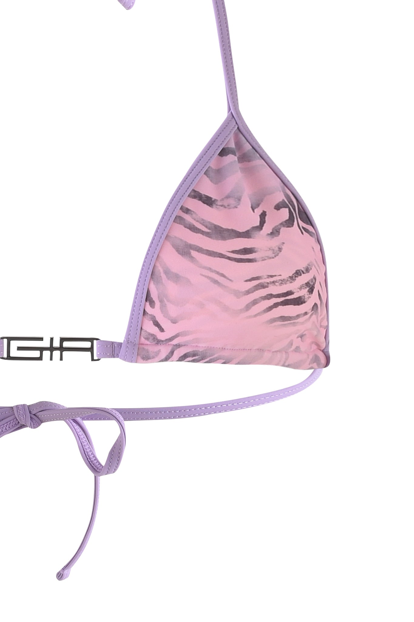 Close-up of the AVA BIKINI TOP - PURPLE : ZEBRA by I.AM.GIA, highlighting its stunning pink and purple zebra ombre print. It features adjustable shoulder and back ties with a brand logo on the strap under the bust.