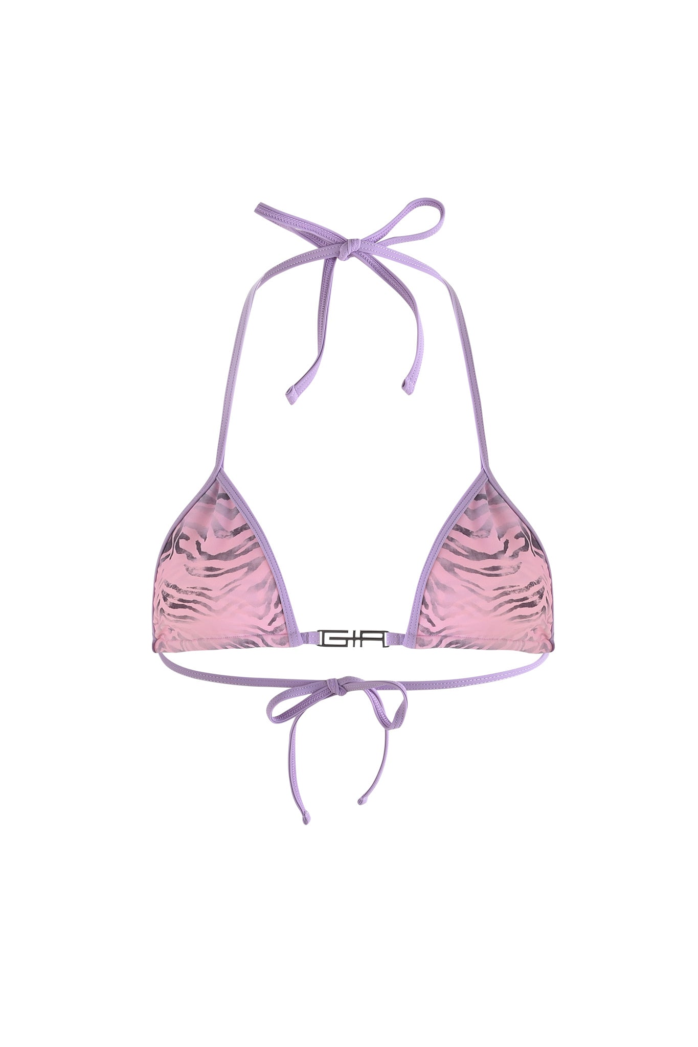 The I.AM.GIA AVA BIKINI TOP - PURPLE: ZEBRA showcases a stunning pink and purple triangle top with an eye-catching zebra ombre print. Thin purple straps delicately tie around the neck and back, complemented by a small metal clasp adorned with a decorative emblem, adding a chic touch to this stylish swimwear.