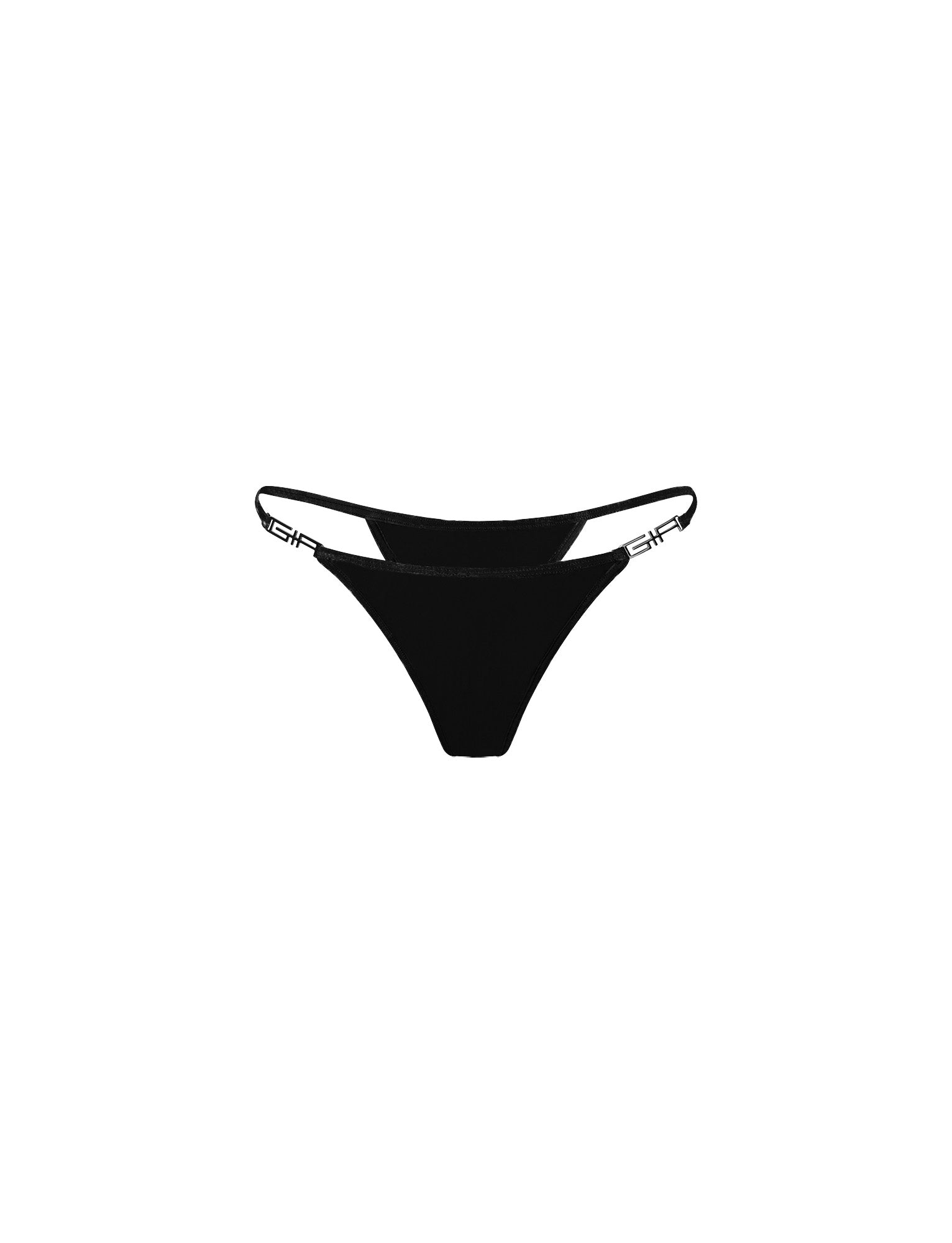 The AVA G-STRING BIKINI BOTTOM in Solid Black by I.AM.GIA features thin elastic waistbands, small cutout details, and the I.AM.GIA logo design on both sides. These bikini bottoms boast a minimalistic and sleek design, perfect for a stylish yet understated beach look.