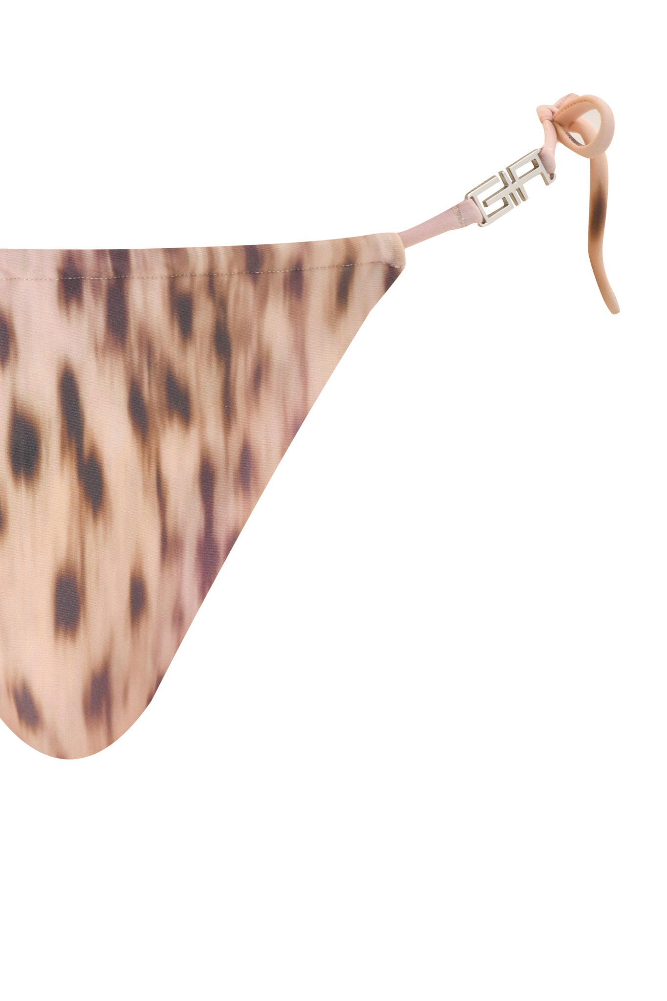 Close-up of the I.AM.GIA NIKYTA BIKINI BOTTOM - BLURRED CHEETAH, showcasing its pink cheetah print, thin pink side ties, and a metallic strap accent, isolated on a white background.
