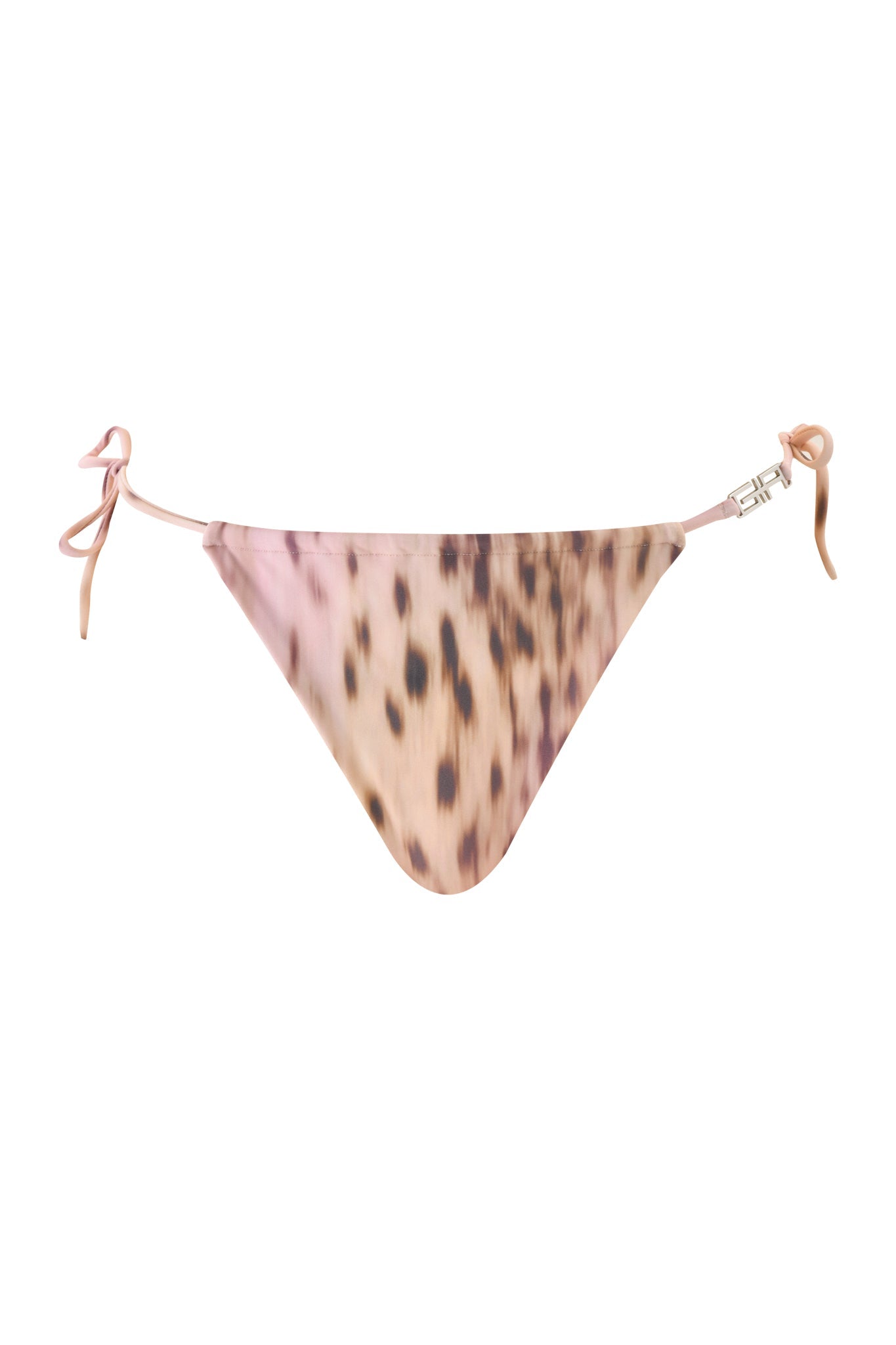 The NIKYTA BIKINI BOTTOM - BLURRED CHEETAH by I.AM.GIA features a pink cheetah print, side ties, and a metallic clasp. Its smooth feel and V-shaped front make this swimwear bold and stylish.