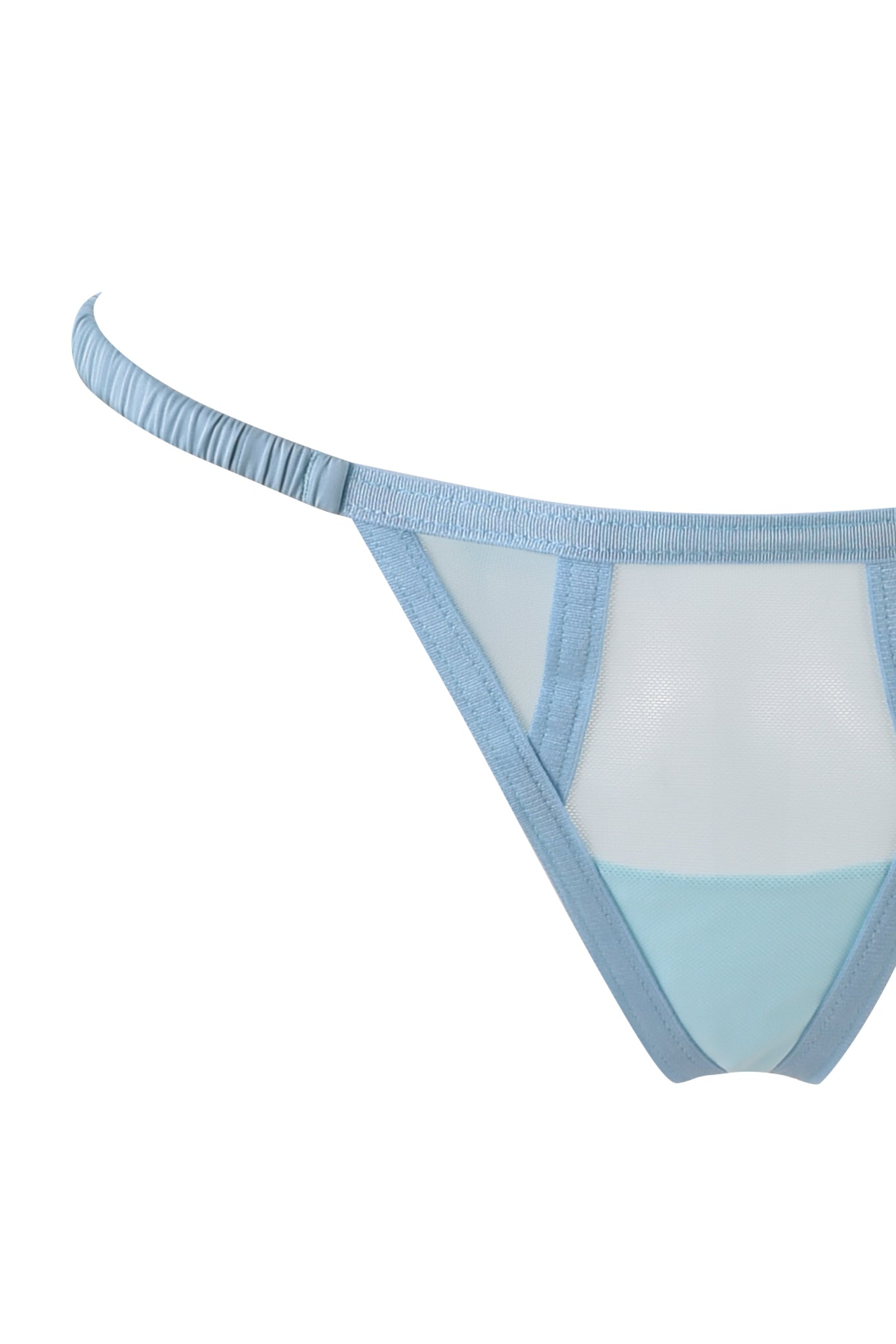 The ANGELIQUE BUSTIER SET - BLUE : BABY BLUE by I.AM.GIA features sheer mesh bikini bottoms in a light baby blue shade with a ruched side strap design and a solid fabric panel at the front center. This minimalistic style highlights modern and elegant beachwear fashion, evoking the classic corset look.