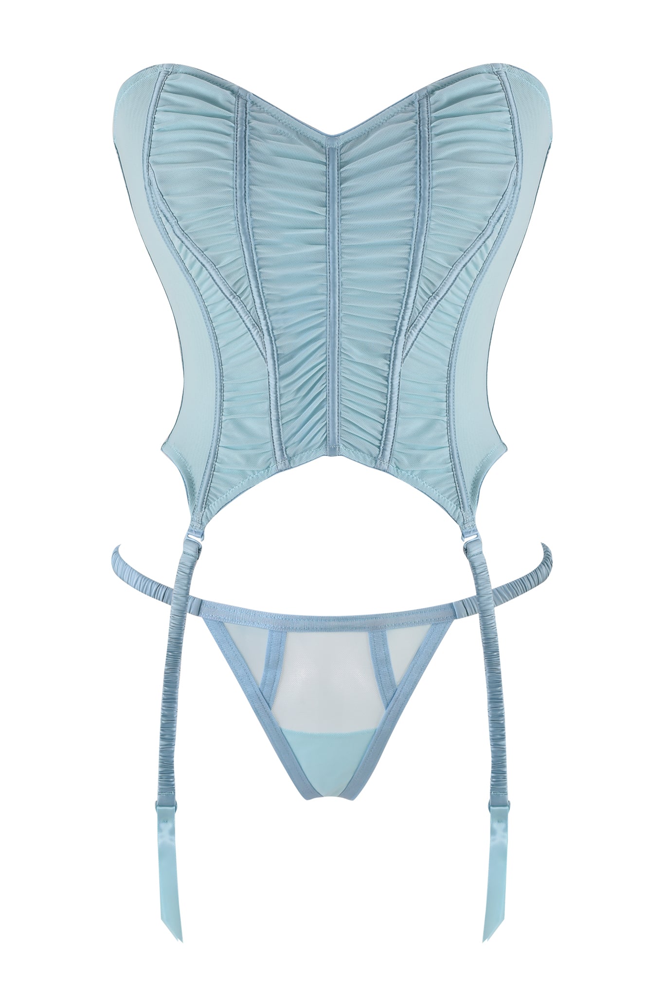 The ANGELIQUE BUSTIER SET - BLUE by I.AM.GIA comes in a dreamy baby blue, showcasing ruching and structured boning, and includes a matching thong. Delicate straps accentuate the smooth fabric for an enchanting look.