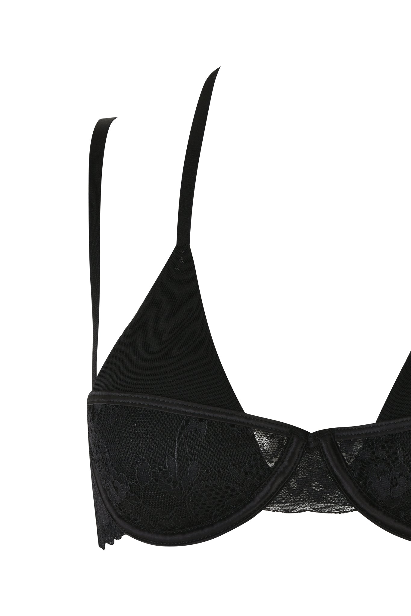 A black lace bra from the CHANTEL SET - BLACK by I.AM.GIA, featuring delicate lace detailing on the cups, adjustable shoulder straps, and a touch of mesh for added allure. Its elegant design offers an exceptional blend of style and support, making it a perfect addition to your wardrobe.