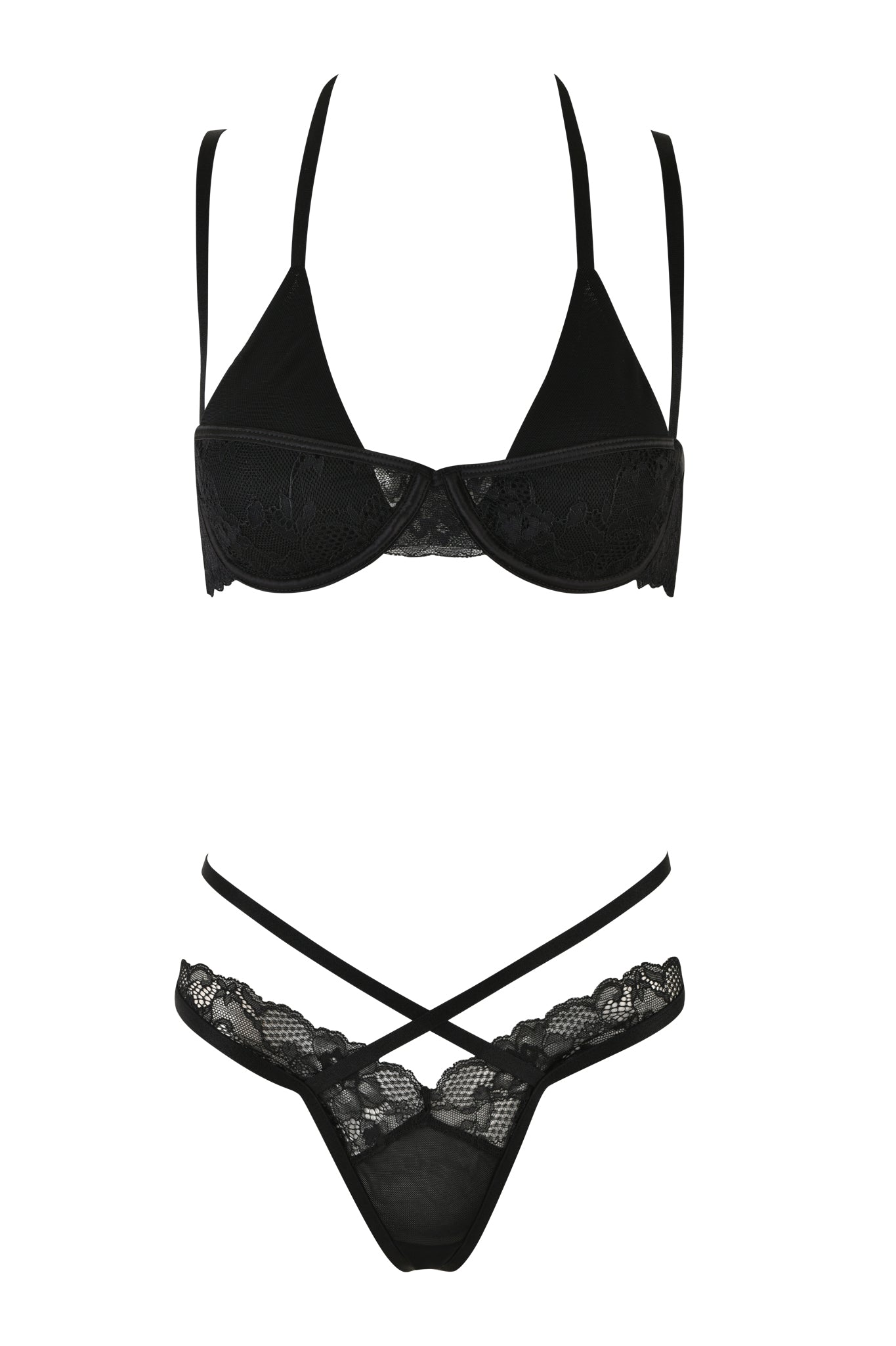 Image of the CHANTEL SET - BLACK by I.AM.GIA, a black lace lingerie ensemble featuring mesh and lace. The set includes a bralette with thin adjustable straps and underwire cups, paired with matching lace panties that boast a unique crisscross strap design at the front. The delicate lace features an elegant floral pattern.