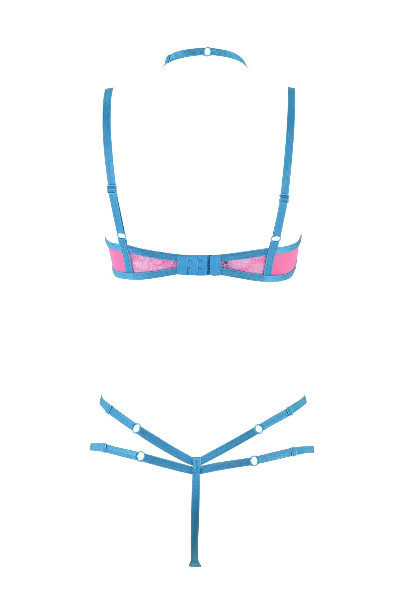 The CHANTEL SET - PINK : BABY BLUE by I.AM.GIA is a stunning lingerie set that includes a strapped bralette and a strappy thong. The bralette is designed with baby blue adjustable straps and clasps, complemented by pink fabric, while the thong features multiple baby blue straps adorned with circular accents. Both pieces are intricately crafted with delicate mesh and lace details.