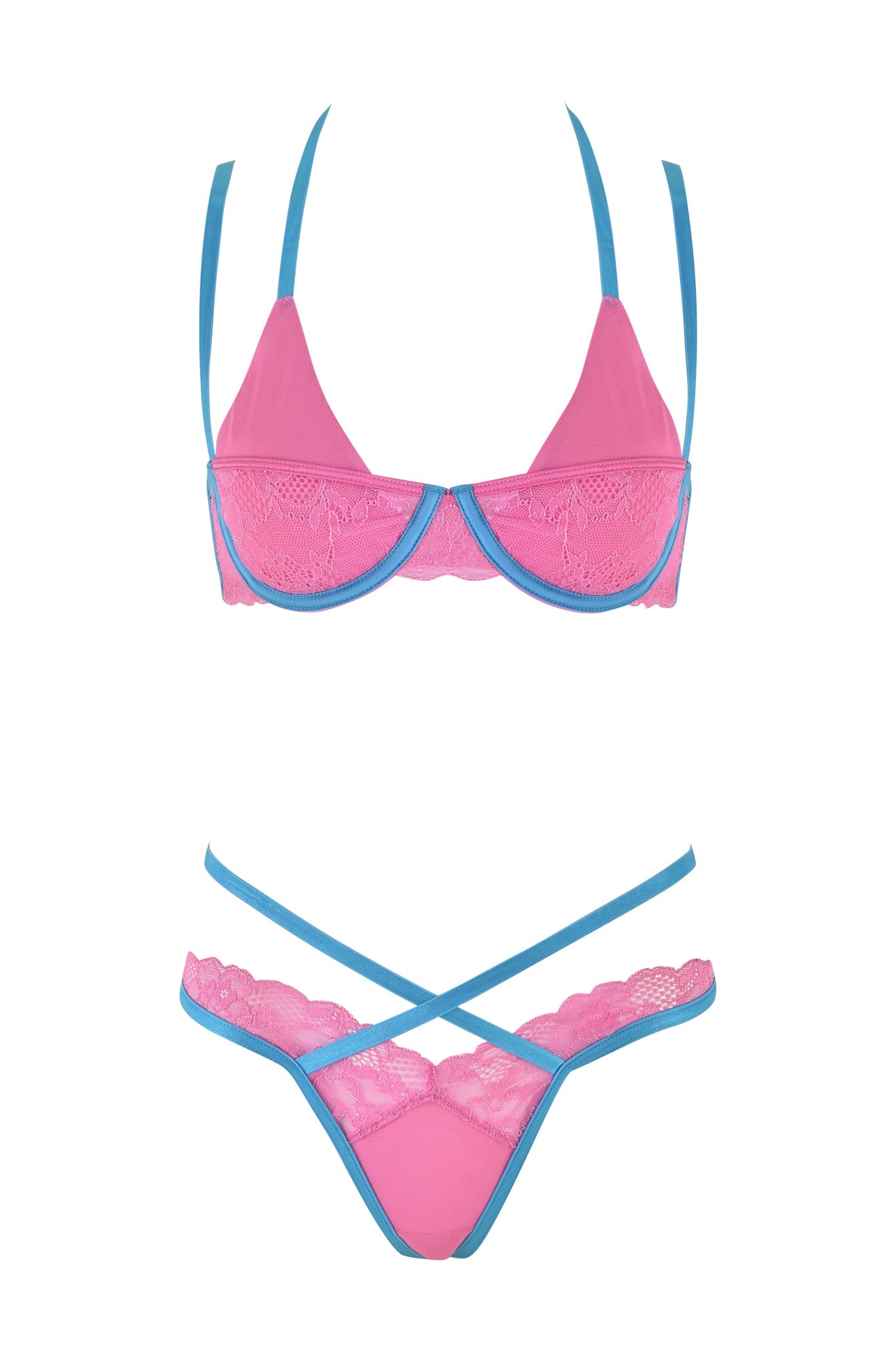 The CHANTEL SET - PINK : BABY BLUE by I.AM.GIA is a stunning lingerie ensemble featuring a bra with pink cups, blue adjustable straps, and delicate lace detailing. The matching panties boast a blue elastic waistband with crisscross straps, mesh accents, and lace for an alluring finish.