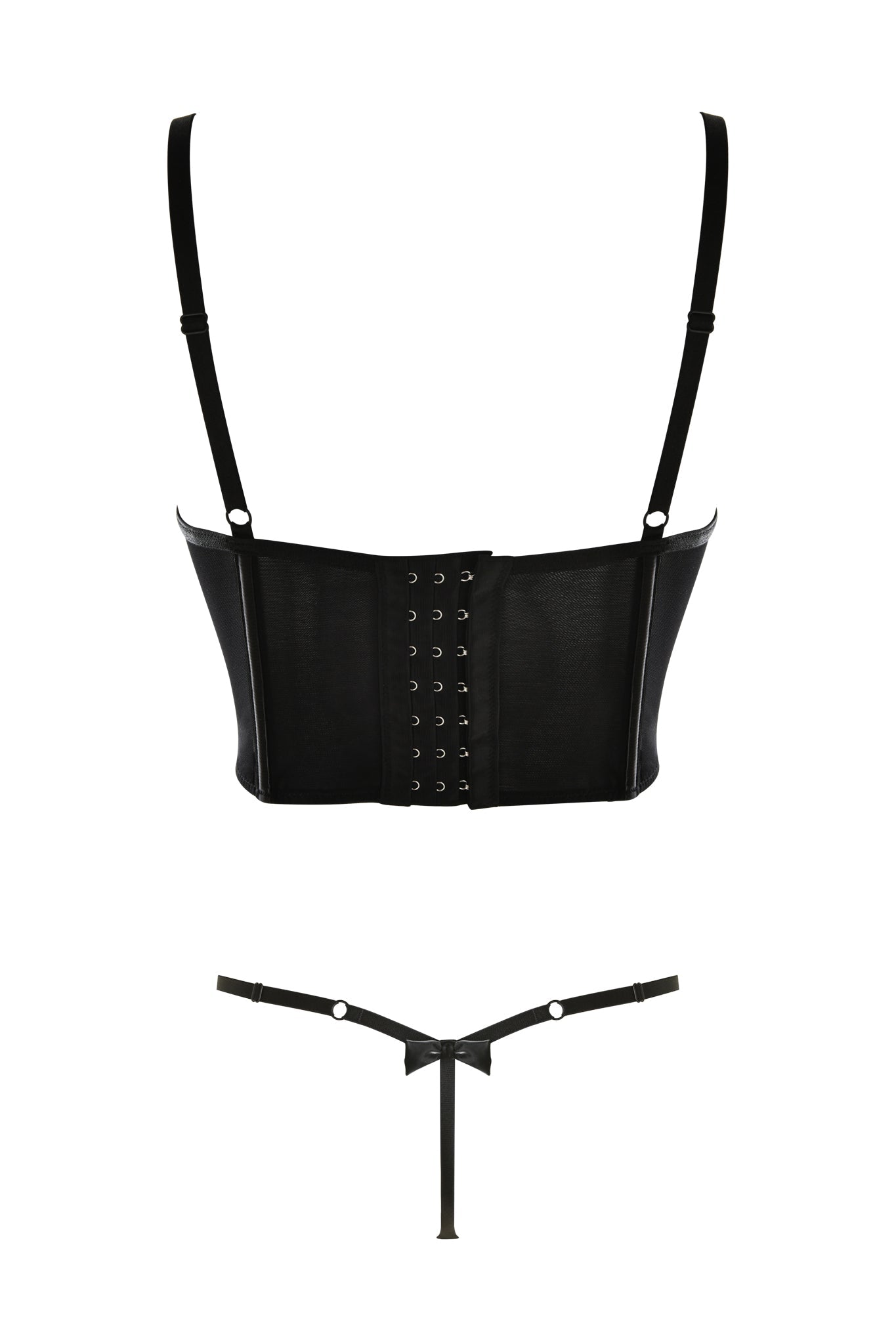 The image showcases the CLEO SET - BLACK by I.AM.GIA, which includes a women's black lingerie set. The set features a corset with adjustable straps and hook-and-eye closures on the back, adorned with delicate lace trims. It is paired with minimalistic thong underwear that has strap details and a small bow at the back.