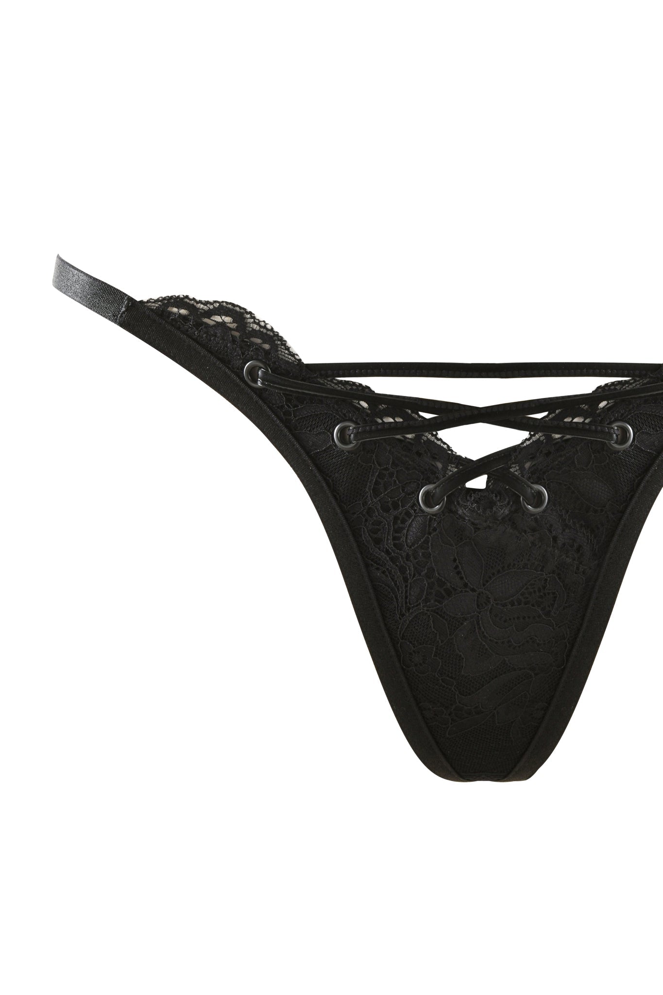 The CLEO SET - BLACK by I.AM.GIA features a delicate black lace women's thong adorned with intricate floral patterns and crisscross straps in the front. This Gia X-Rated design also includes eyelets and a thin waistband for an elegant and refined appearance.
