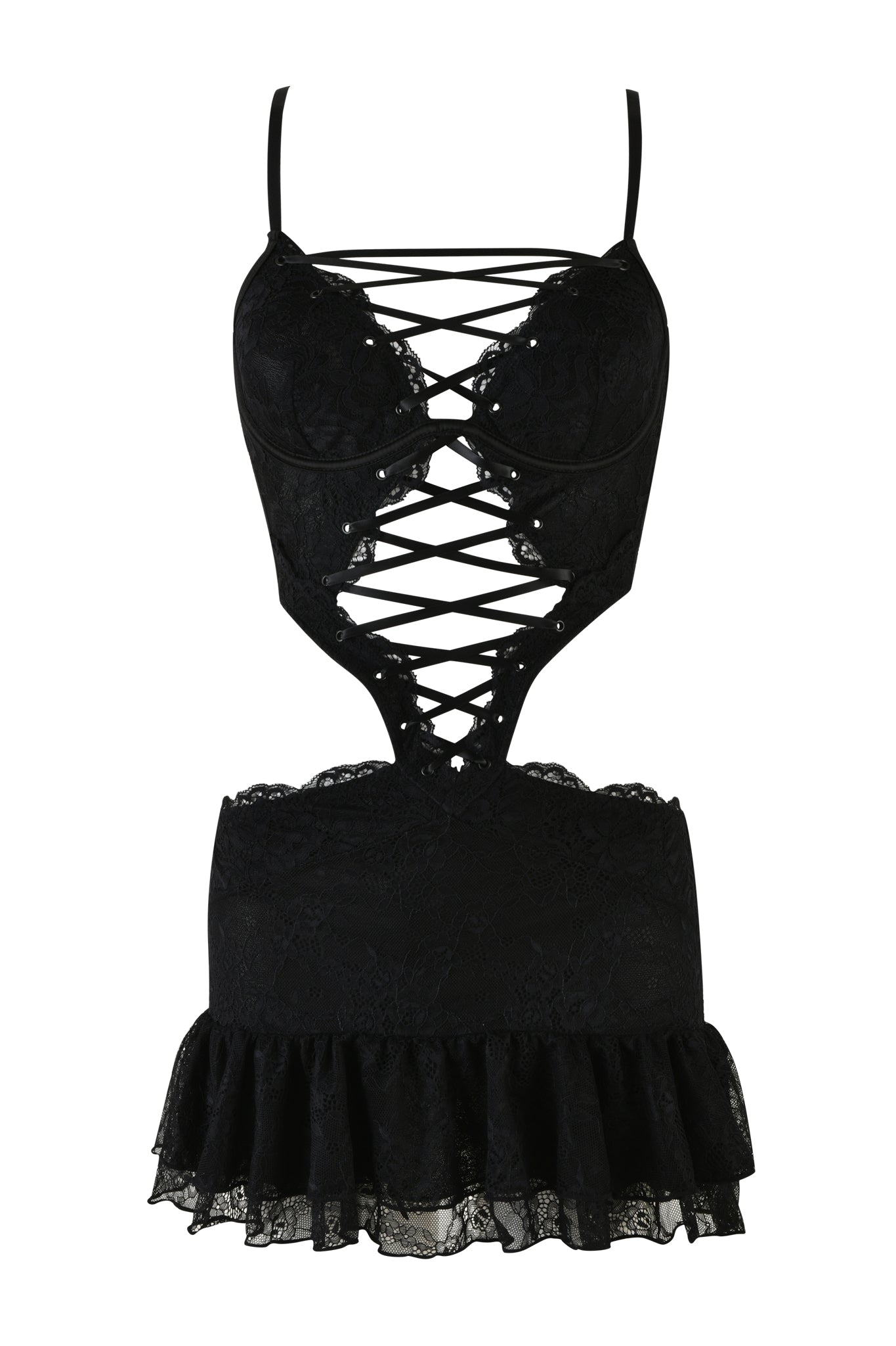 The SCARLETTE DRESS - BLACK by I.AM.GIA features spaghetti straps, a crisscross pattern on the front, and a small skirt with a ruffled lace hem. The elegant design includes cut-out details and intricate pinstripe lace trims.