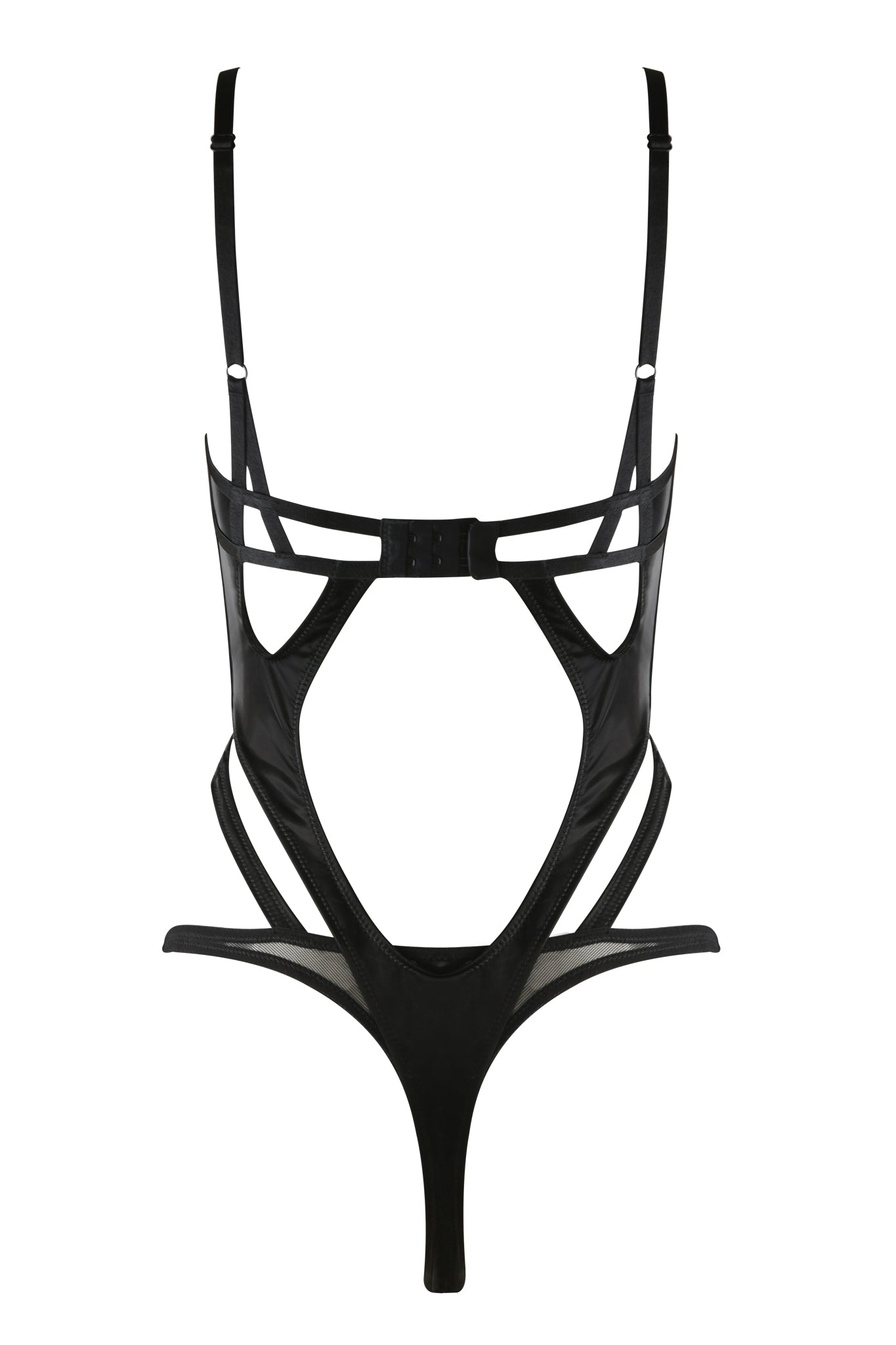 The CLEO BODYSUIT - BLACK by I.AM.GIA is a captivating lingerie piece featuring thin adjustable shoulder straps and multiple cutout sections crafted from alluring mesh. Its open back design perfectly complements the high-cut leg style, secured with hooks at the back for a seductive finish.