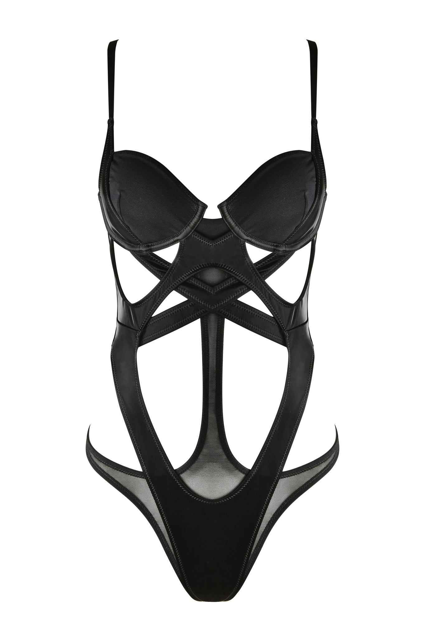 The CLEO BODYSUIT - BLACK by I.AM.GIA is a black strappy bodysuit with cut-out details and a structured bra. The design features multiple thin faux leather straps that form geometric patterns, providing a bold and alluring look.