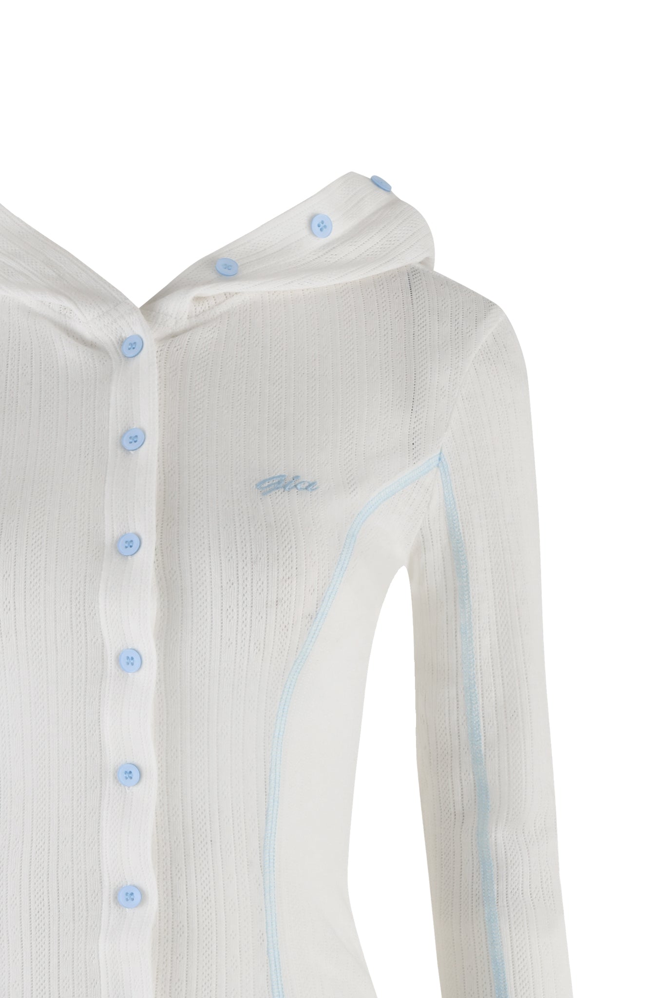 A close-up of the MIA HOODIE - WHITE from I.AM.GIA showcases its bodycon silhouette, featuring blue buttons, a small embroidered logo on the chest, light blue stitching along the sides, and high stretch fabric for added comfort.