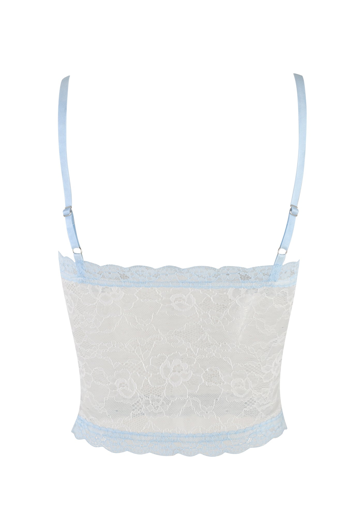 The SERINA TANK in white by I.AM.GIA is displayed. This tank top features adjustable shoulder straps, intricate floral stretch lace detailing, and scalloped edges on both the top and bottom. The background is white.