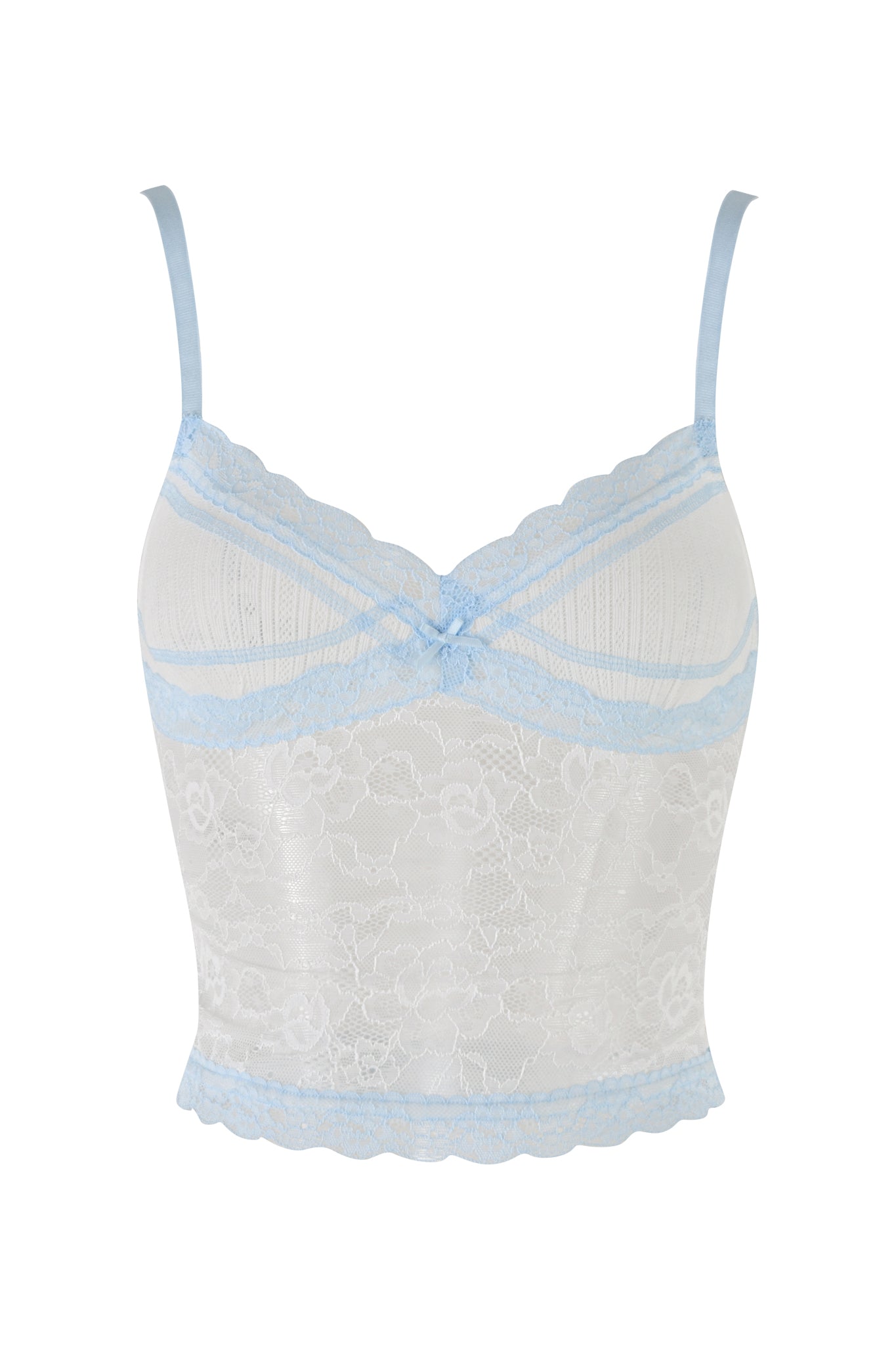 The SERINA TANK - WHITE by I.AM.GIA is a white lace camisole with light blue trim and adjustable shoulder straps. It features intricate floral stretch lace patterns, a light blue bow in the center of the neckline, and scalloped edges. The design exudes femininity and delicacy, offering a stylish and elegant look.
