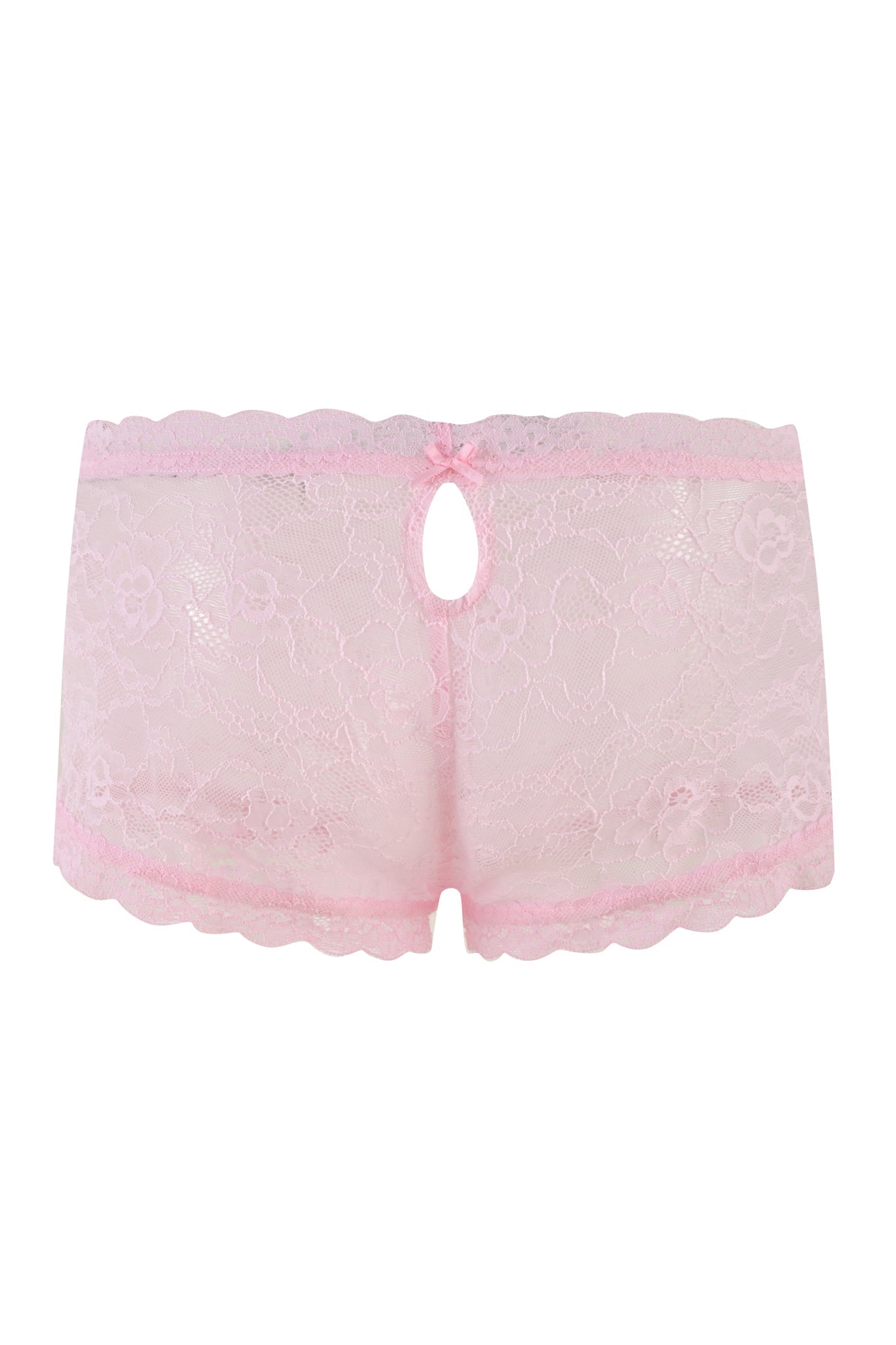 The SERINA SHORT - PINK : LACE from I.AM.GIA is a pair of pink lace boyshort underwear featuring a delicate floral pattern, scalloped edges, and a small cutout at the waistband adorned with a bow. The material appears soft and feminine, offering a blend of style and comfort.