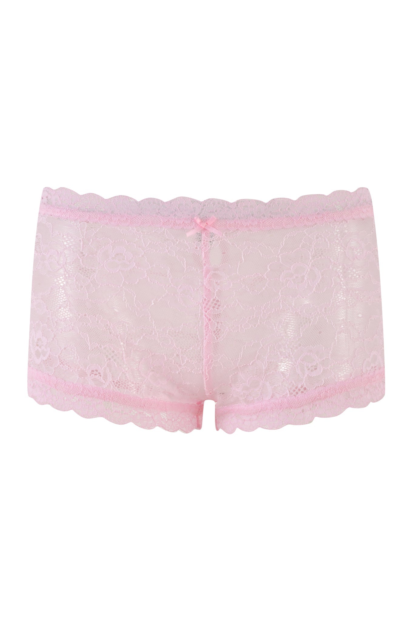 The SERINA SHORT - PINK : LACE by I.AM.GIA features pink lace boyshort panties adorned with a floral pattern, scalloped edges at the waist and leg openings, and a small bow at the center front. The image showcases the edgy yet feminine style on a white background.