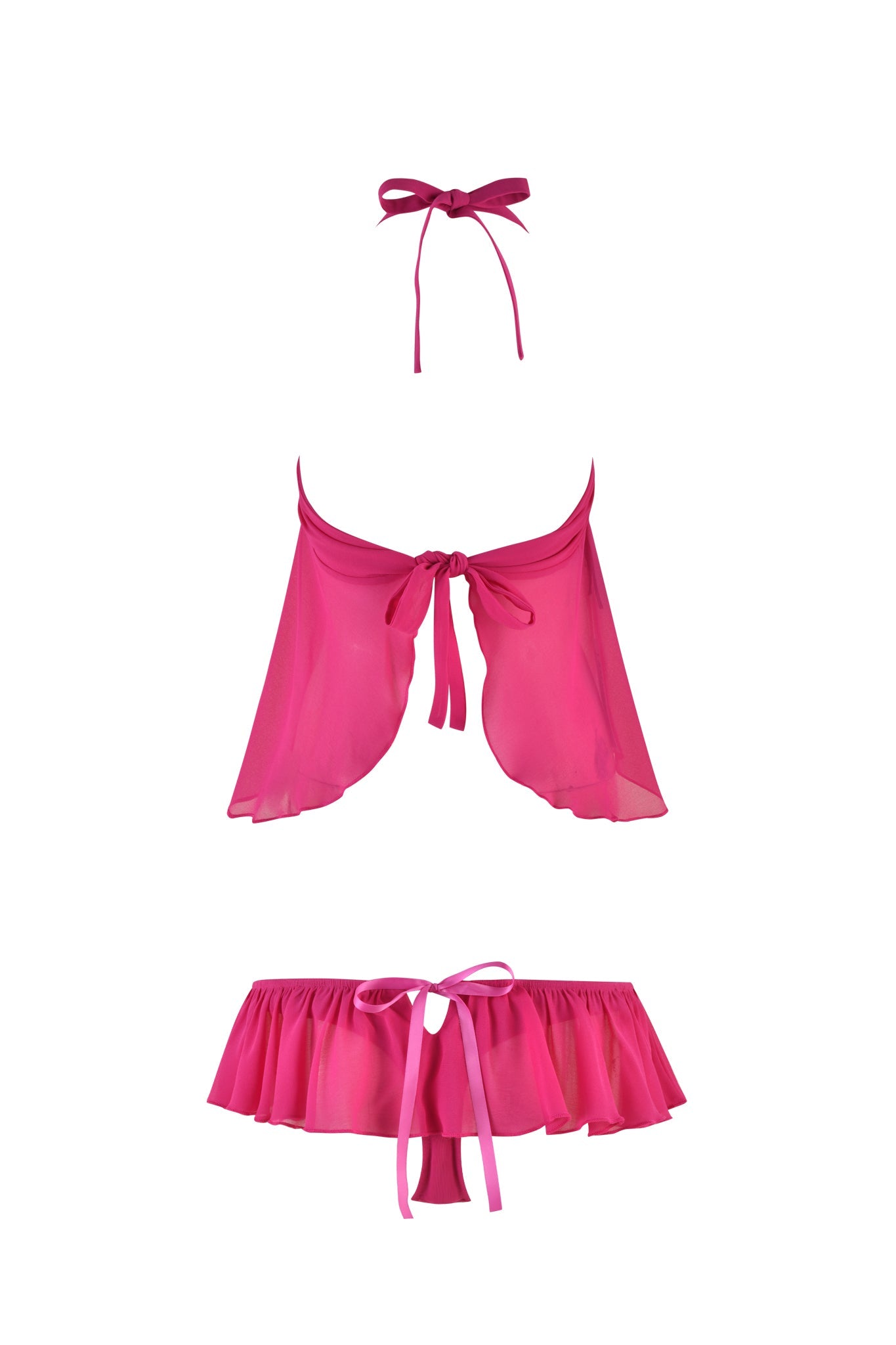 The CHEYENNE SET - PINK from I.AM.GIA is a stunning three-piece lingerie ensemble featuring a sheer bralette that ties at the front, a matching sheer skirt with a bow, and a delicate ribbon choker. Crafted from flowy fabric, this bright pink set is designed to be lightweight and feminine.