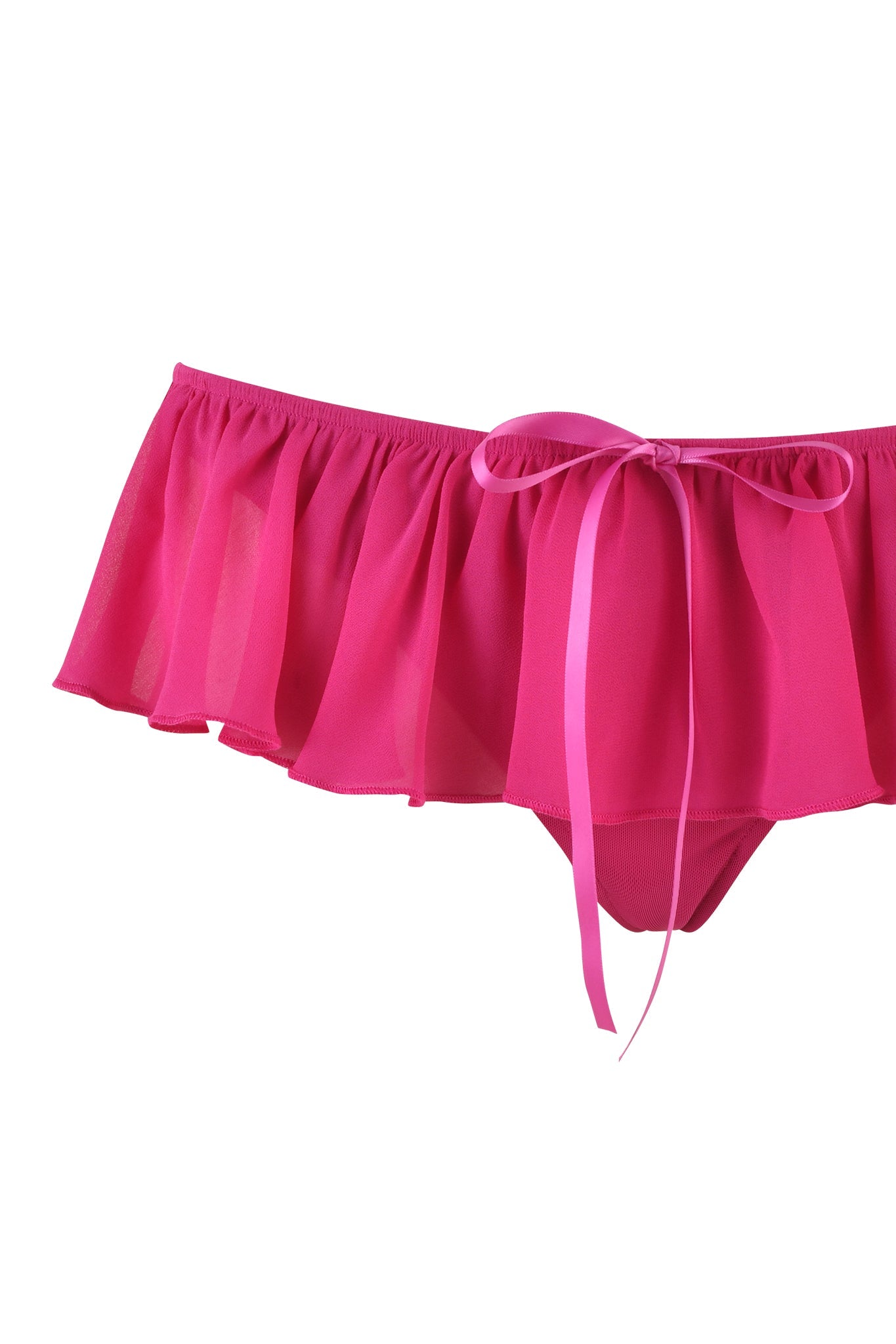 A vibrant pink pair of ruffled panties from the CHEYENNE SET by I.AM.GIA, crafted from semi-sheer fabric. The waistband features a pink satin ribbon tied into a bow at the center, encapsulating the flirty and playful aesthetic that is iconic to I.AM.GIA's style.