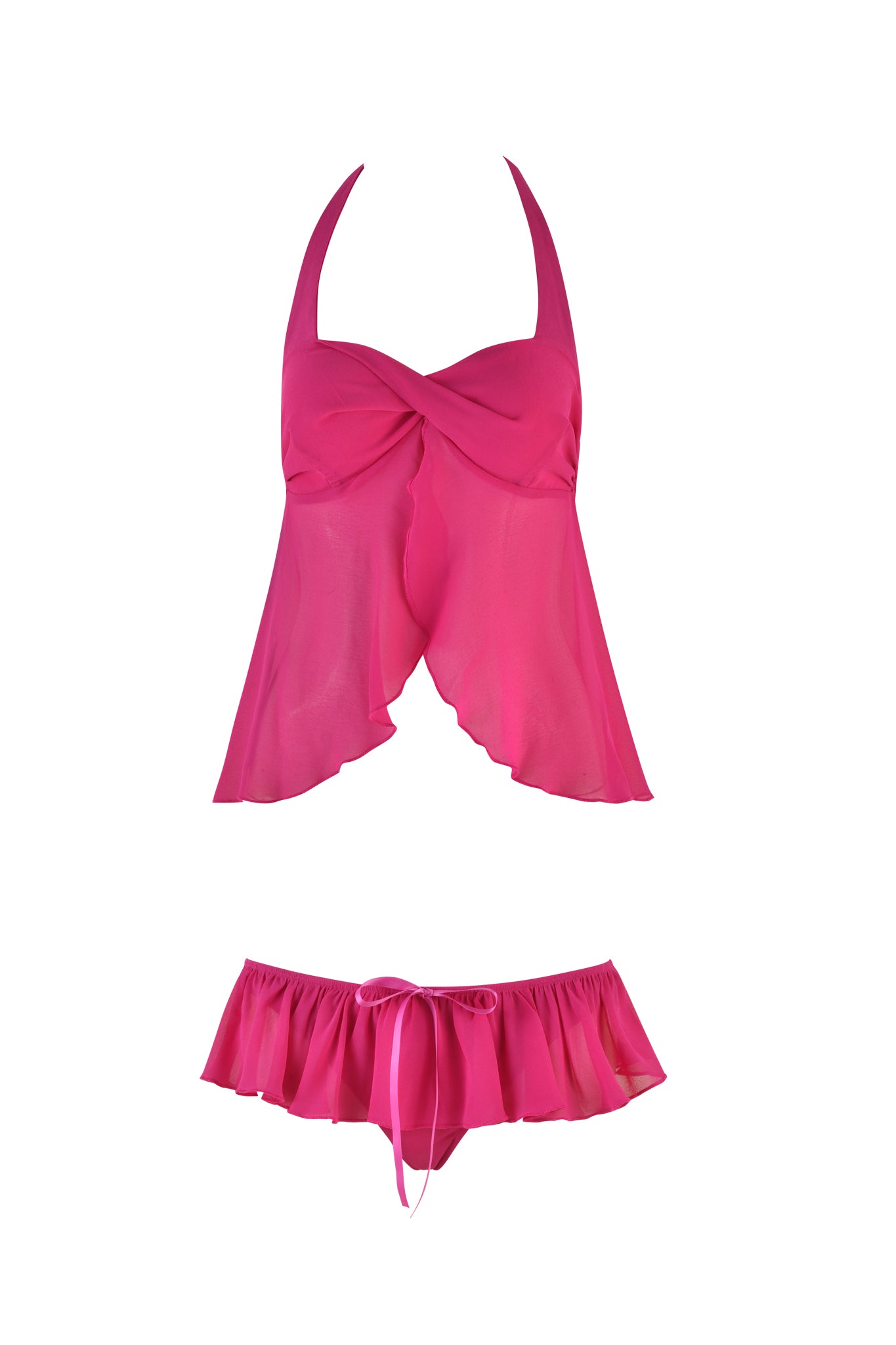 The I.AM.GIA CHEYENNE SET - PINK is displayed. The set includes a two-piece lounge or sleepwear ensemble featuring a twisted front top with a halter neck style and an asymmetrical hem. The matching bottoms have a ruffled, skirt-like design with a small ribbon tie at the front.