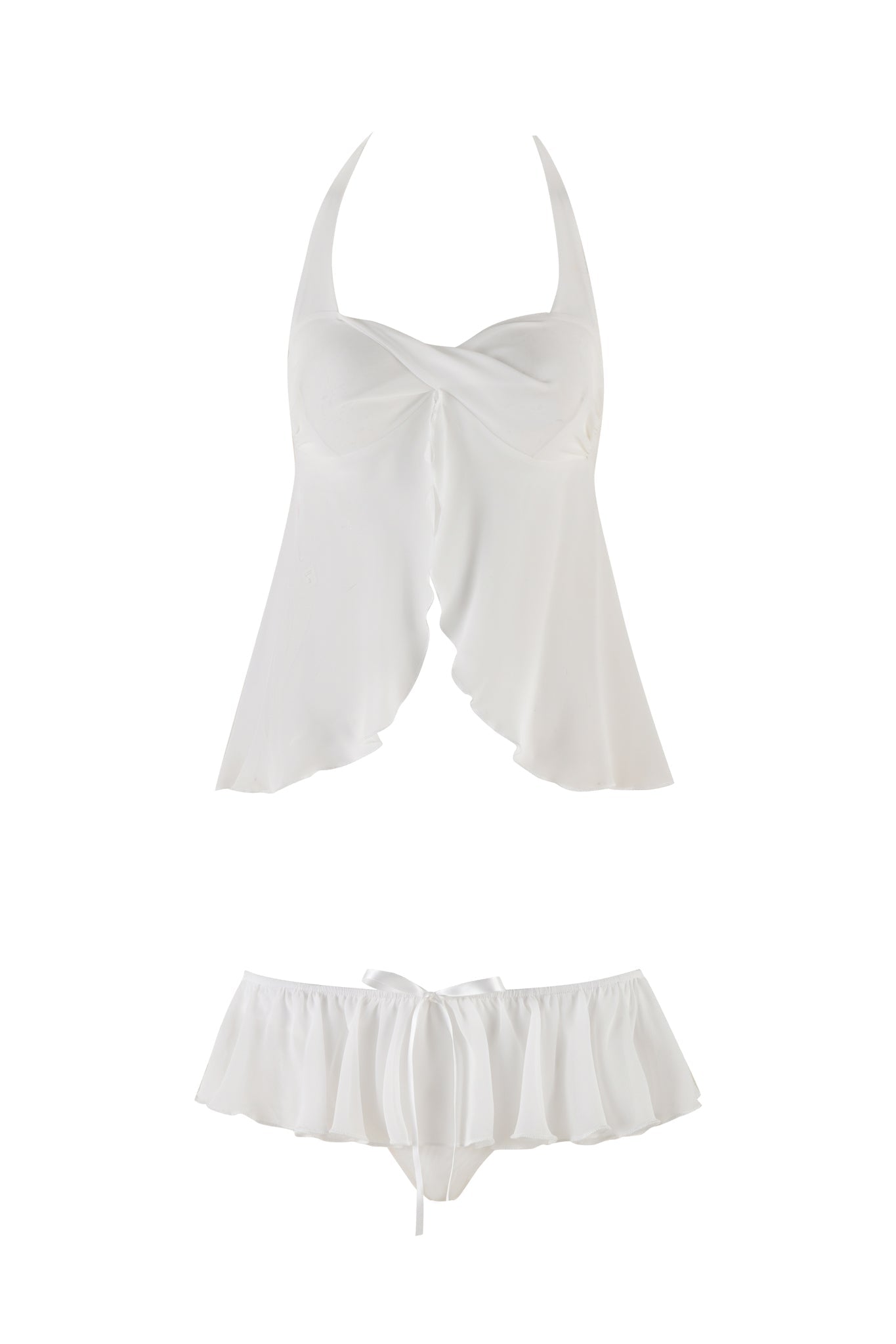 The CHEYENNE SET - WHITE by I.AM.GIA includes a chic halter-style crop top featuring a twisted front design and a flowy, asymmetrical hem, paired perfectly with matching ruffled bikini bottoms that tie at the front. The set exudes a light and airy appearance.