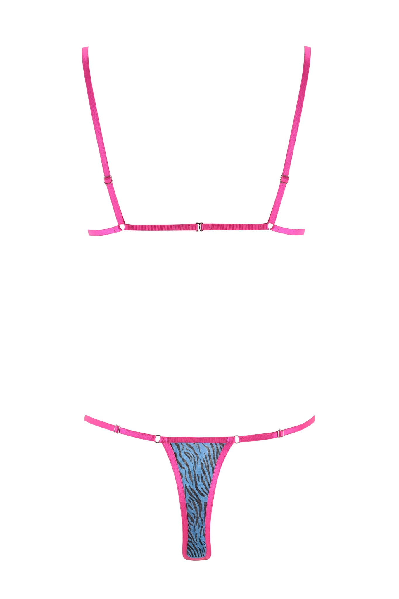 The LILAH SET - BLUE : ZEBRA : BLUE ZEBRA by I.AM.GIA is an exquisite two-piece lingerie ensemble, featuring a pink bra with adjustable straps and a matching thong adorned with a bold blue zebra print.