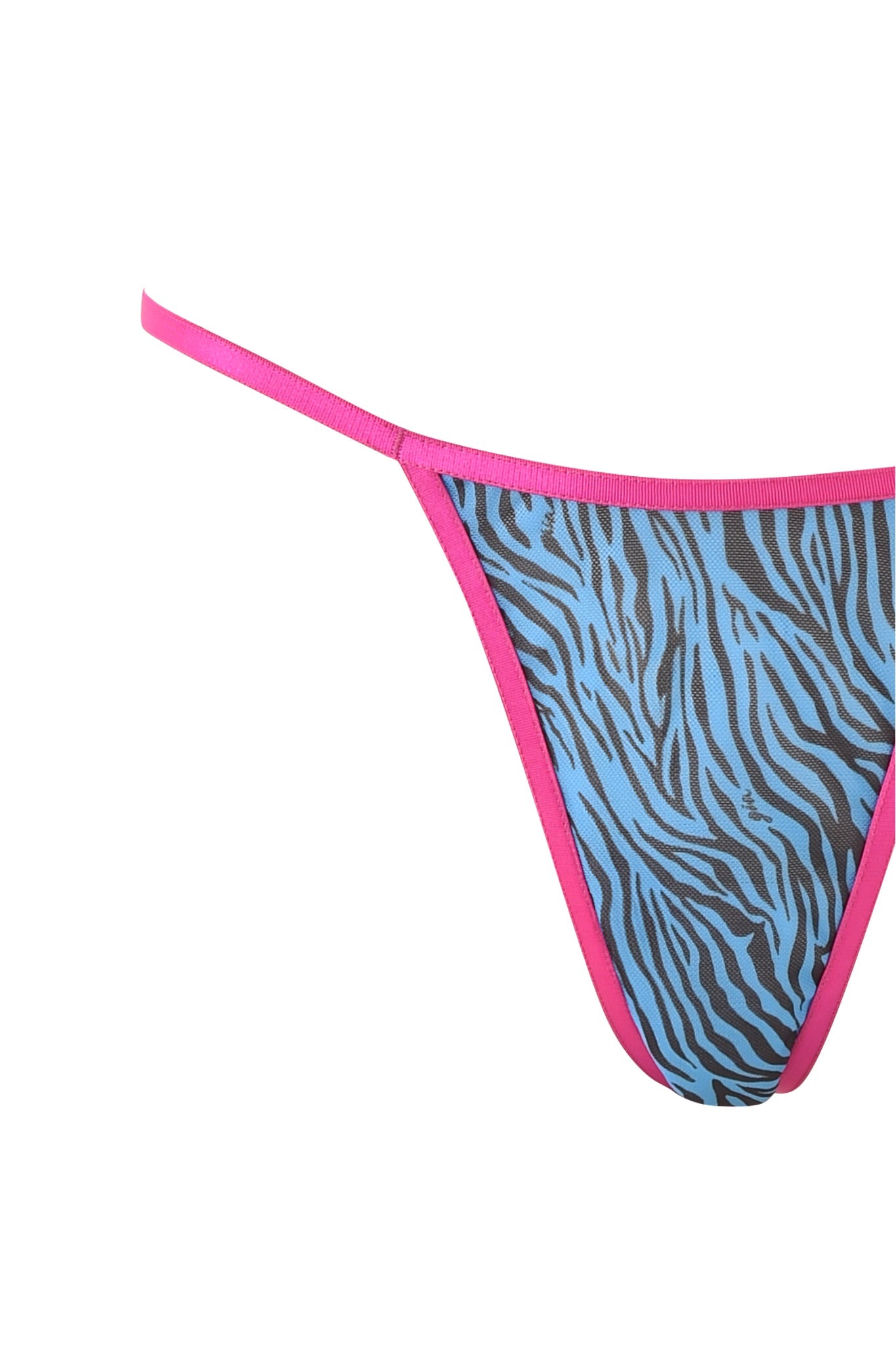 A close-up of the LILAH SET - BLUE : ZEBRA : BLUE ZEBRA from I.AM.GIA highlights its blue zebra print featuring black stripes and pink elastic trim, all crafted in delicate mesh on a pristine white background.