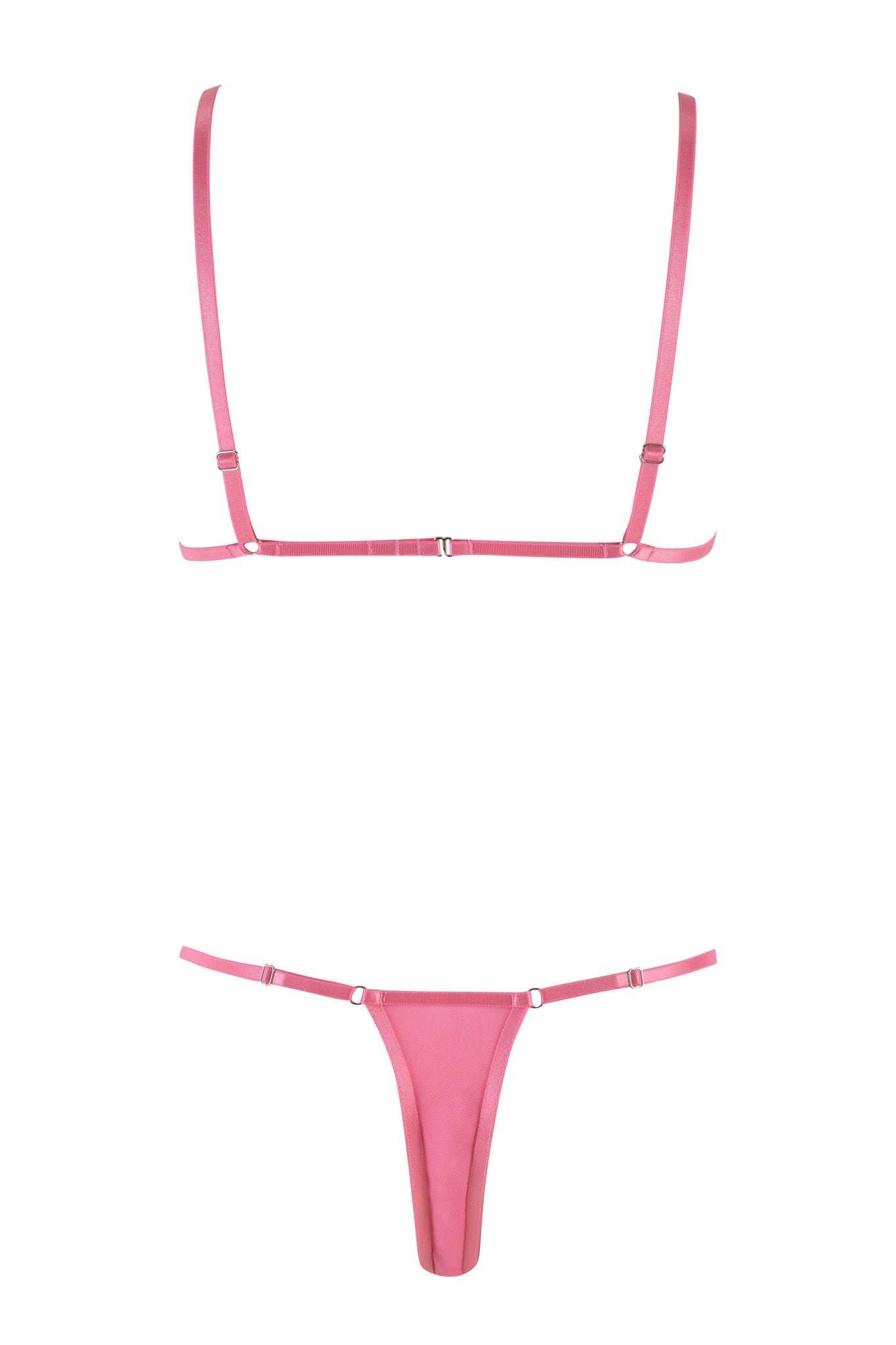 The LILAH SET - PINK : HOT PINK by I.AM.GIA is a stylish 2-piece ensemble that includes a minimalistic bra with thin adjustable straps and a matching thong with delicate side straps. Made from comfortable mesh fabric, the pieces have a smooth texture and slight sheen, highlighting their sleek and refined design.