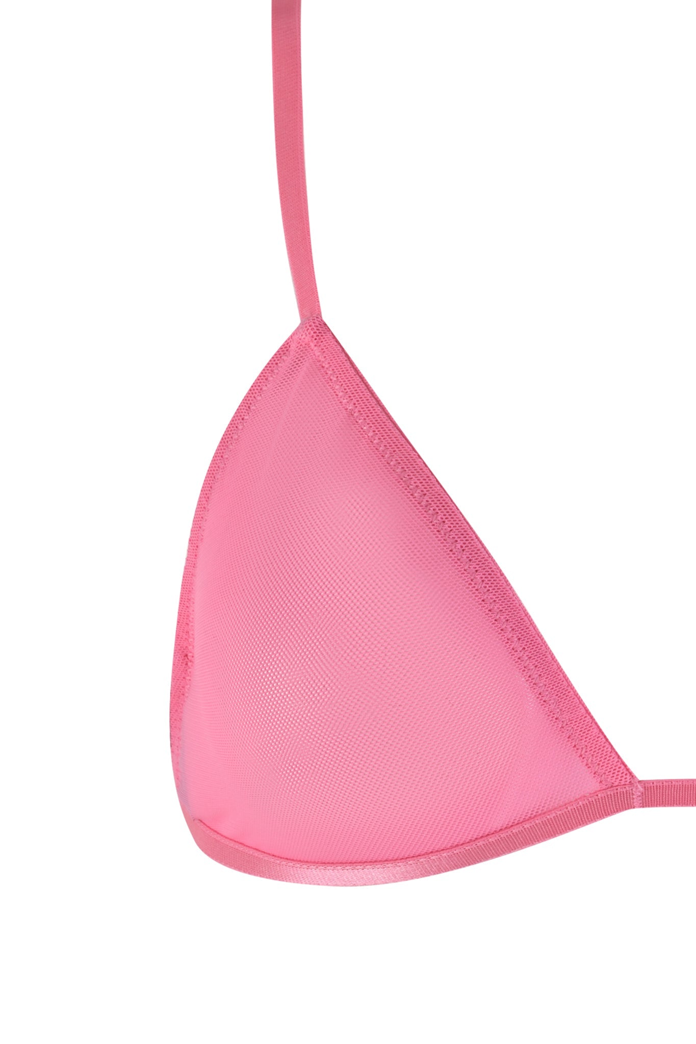 Close-up of a hot pink triangle bikini top from the LILAH SET - PINK by I.AM.GIA on a white background. The minimalist design features thin straps and comfortable mesh fabrication.
