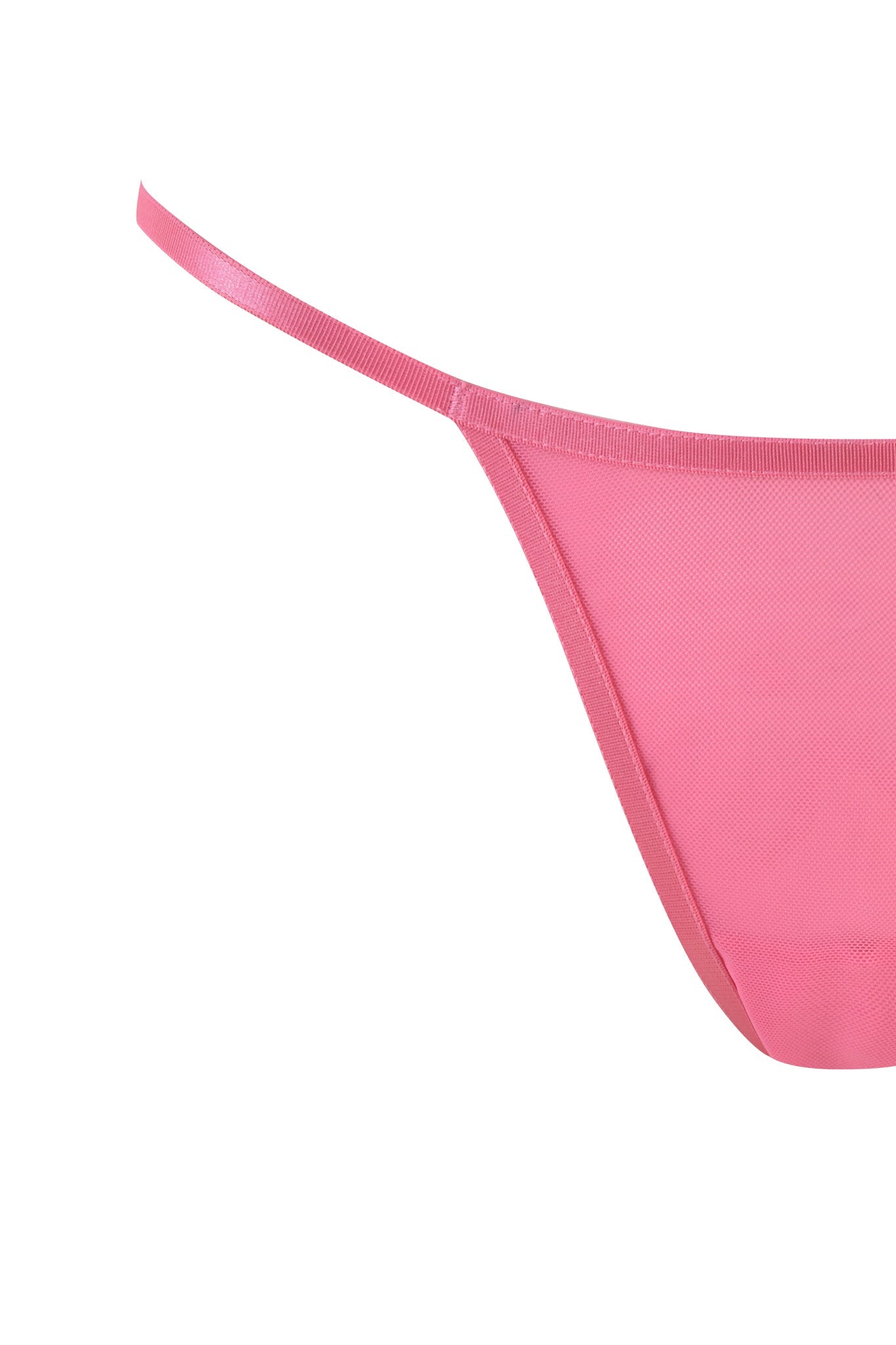 Close-up of a hot pink thong from the I.AM.GIA Lilah Set - Pink. The image highlights a section of the garment, focusing on the thin waistband and part of the comfortable mesh fabrication against a plain white background, emphasizing the vibrant color and texture of the fabric.