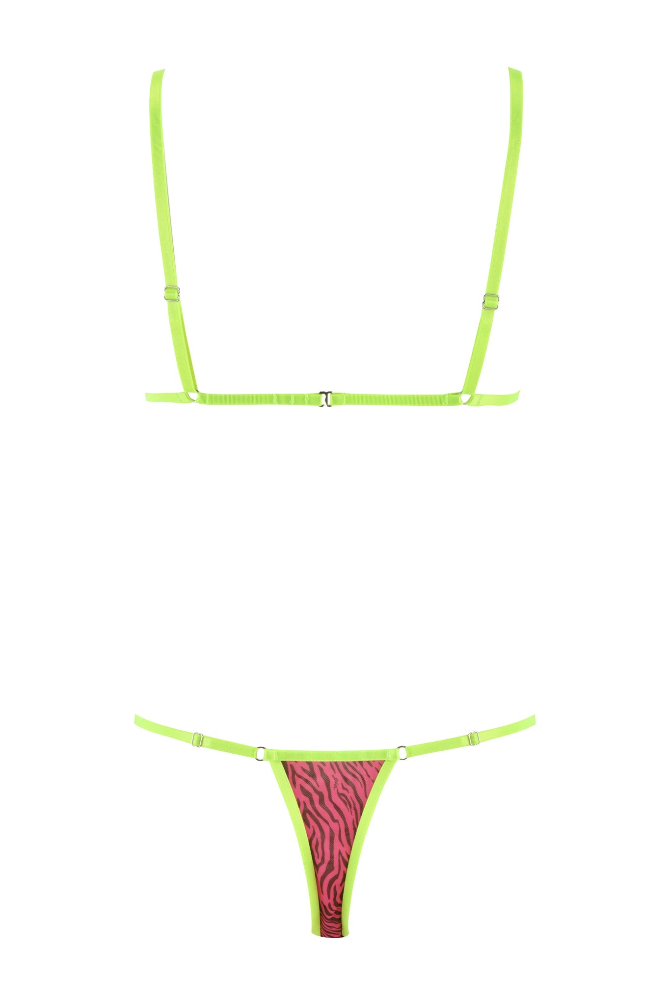 The LILAH SET - PINK : PINK ZEBRA by I.AM.GIA showcases a minimalist yet vibrant style, featuring a bold magenta pink zebra print on the neon green strap lingerie top with matching thong.
