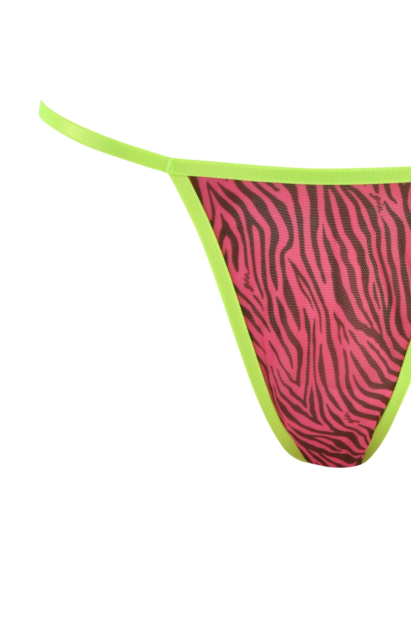 Close-up of I.AM.GIA's LILAH SET - PINK : PINK ZEBRA thong, showcasing its bold magenta zebra print with neon green trim. The sheer fabric reflects the brand's edgy style, featuring a minimalist design with thin side straps, with a focus on the left side of the garment in the image.
