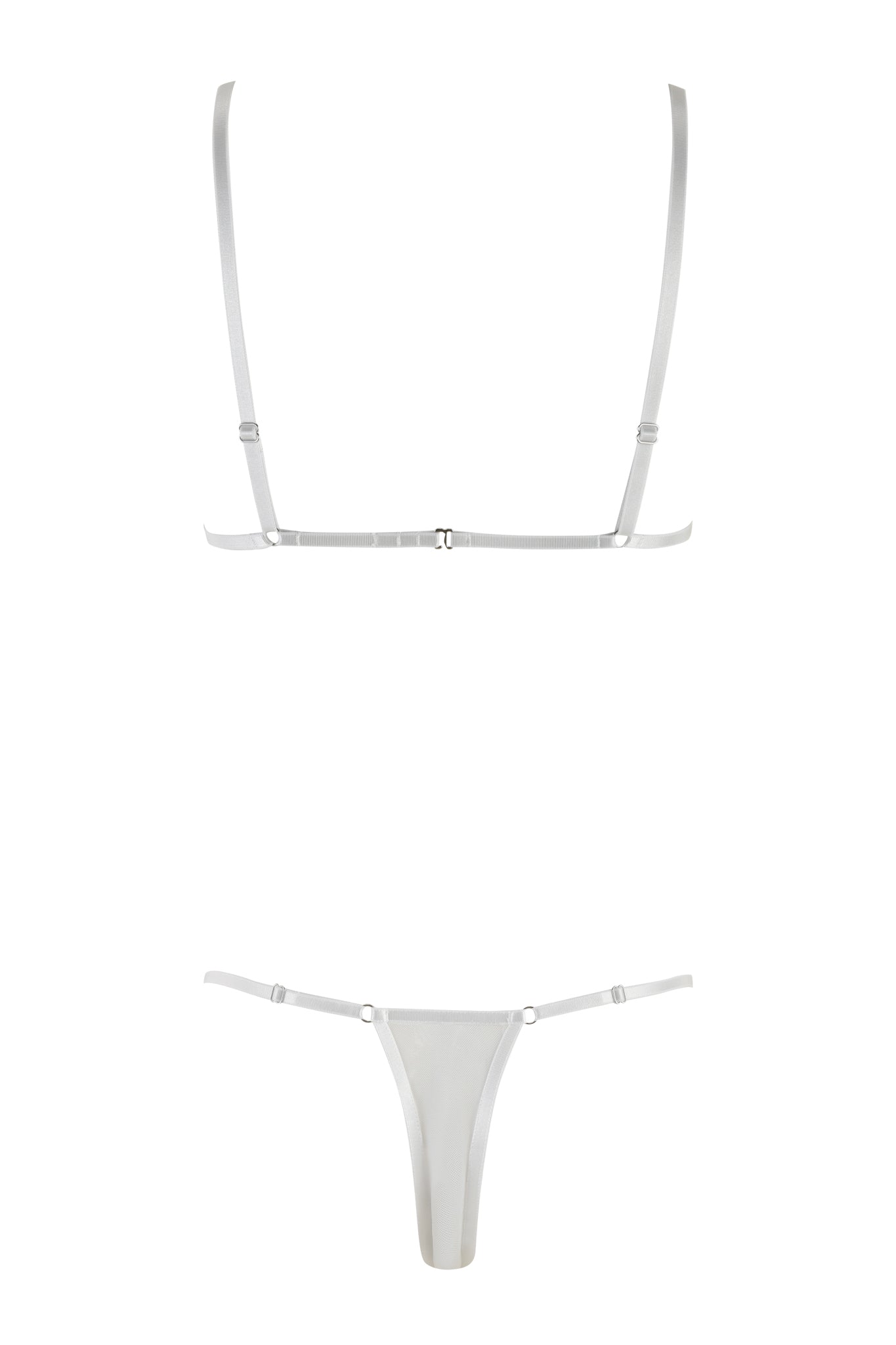 Image of the best-selling LILAH SET - WHITE by I.AM.GIA, a minimalistic two-piece lingerie set featuring a thin-strapped bralette with adjustable straps and a matching thong. The sleek, modern aesthetic and comfortable mesh fabrication are highlighted against a plain white background.