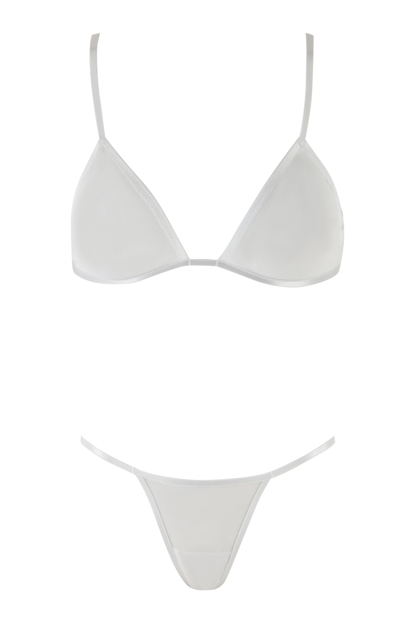 A best-selling item from I.AM.GIA, the LILAH SET - WHITE is a minimalist white bikini that features a triangle cup design. The top has thin straps, while the bottom offers minimal coverage with thin side straps. Constructed from comfortable mesh fabrication, this set is showcased against a crisp white background.