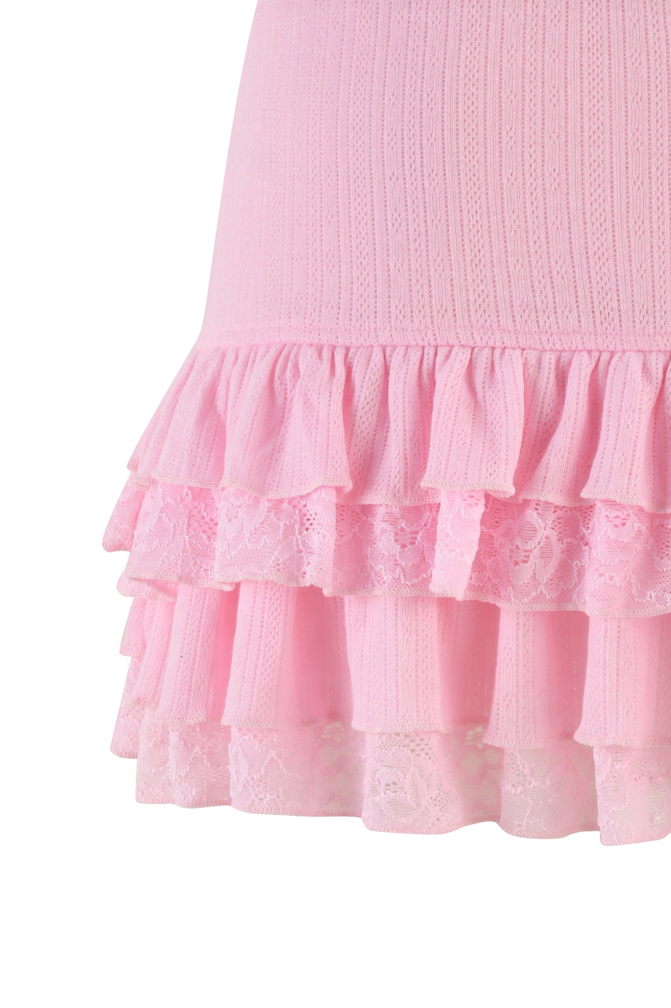 Close-up of the MIRABELLE SKIRT - PINK : LACE by I.AM.GIA, showcasing layers of ruffles and lace. The skirt features a ribbed texture at the top that transitions into several tiers of delicate lace and ruffles towards the bottom, creating a feminine and elegant appearance.