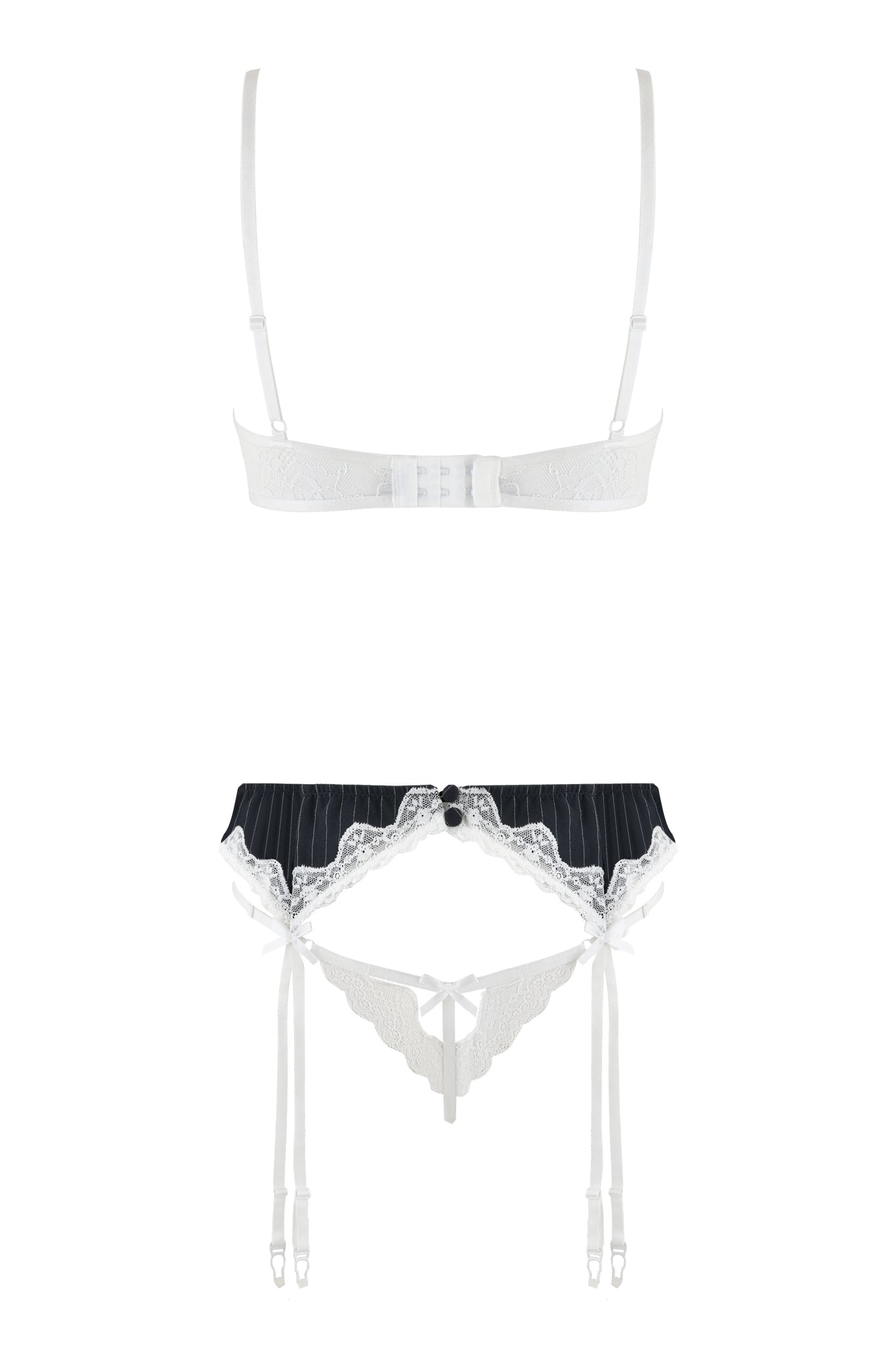 The RAINE 3 PIECE SET - BLUE : PINSTRIPE by I.AM.GIA includes a white lace bra with adjustable shoulder straps and a back clasp. The matching panties feature a black pinstripe pattern, white lace trim, white satin bows, and attached garter straps.