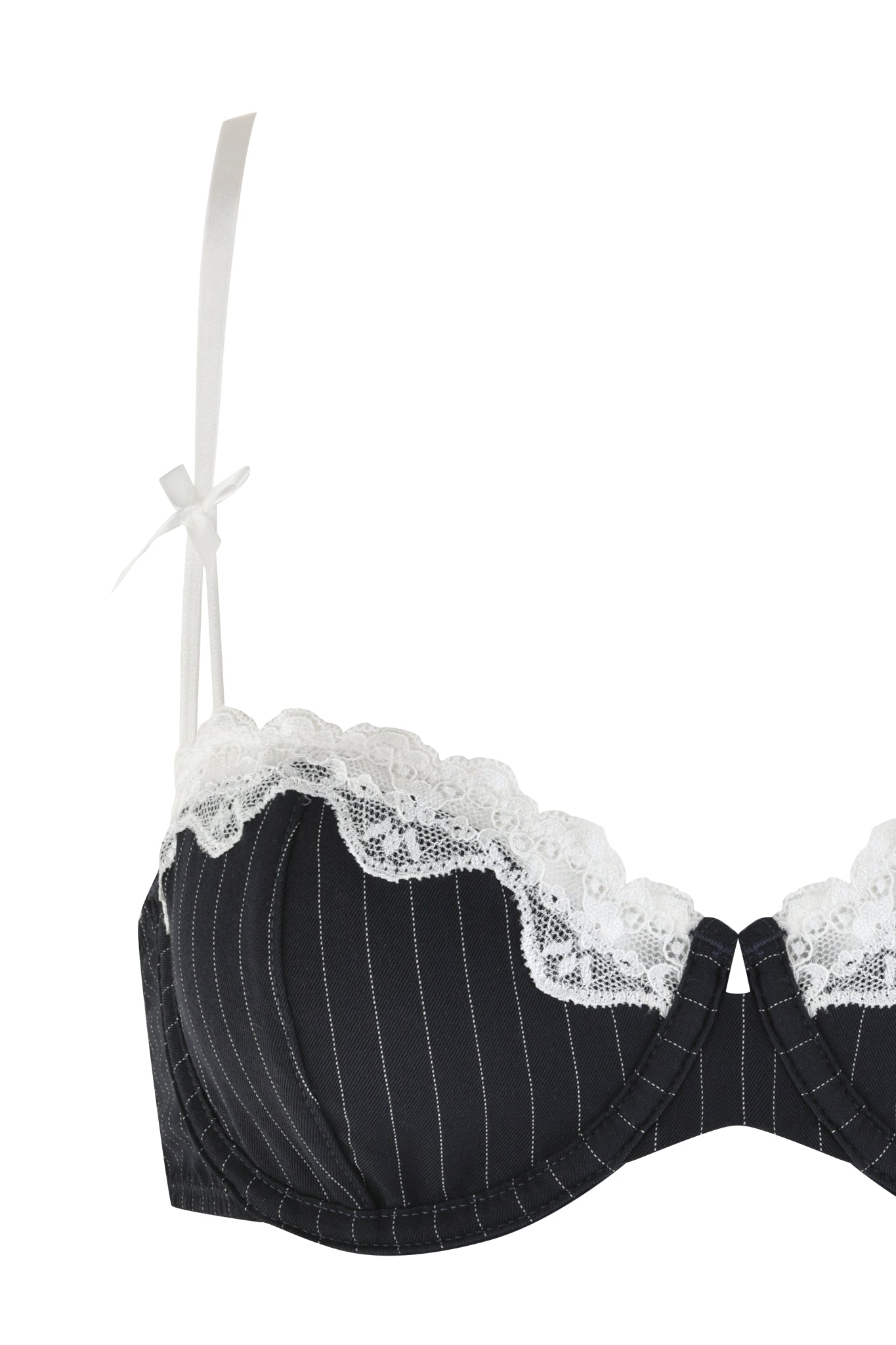 A RAINE 3 PIECE SET - BLUE : PINSTRIPE bra by I.AM.GIA, featuring vertical blue and white stripes, with delicate white lace trim on the cups and matching shoulder straps adorned with a bow.
