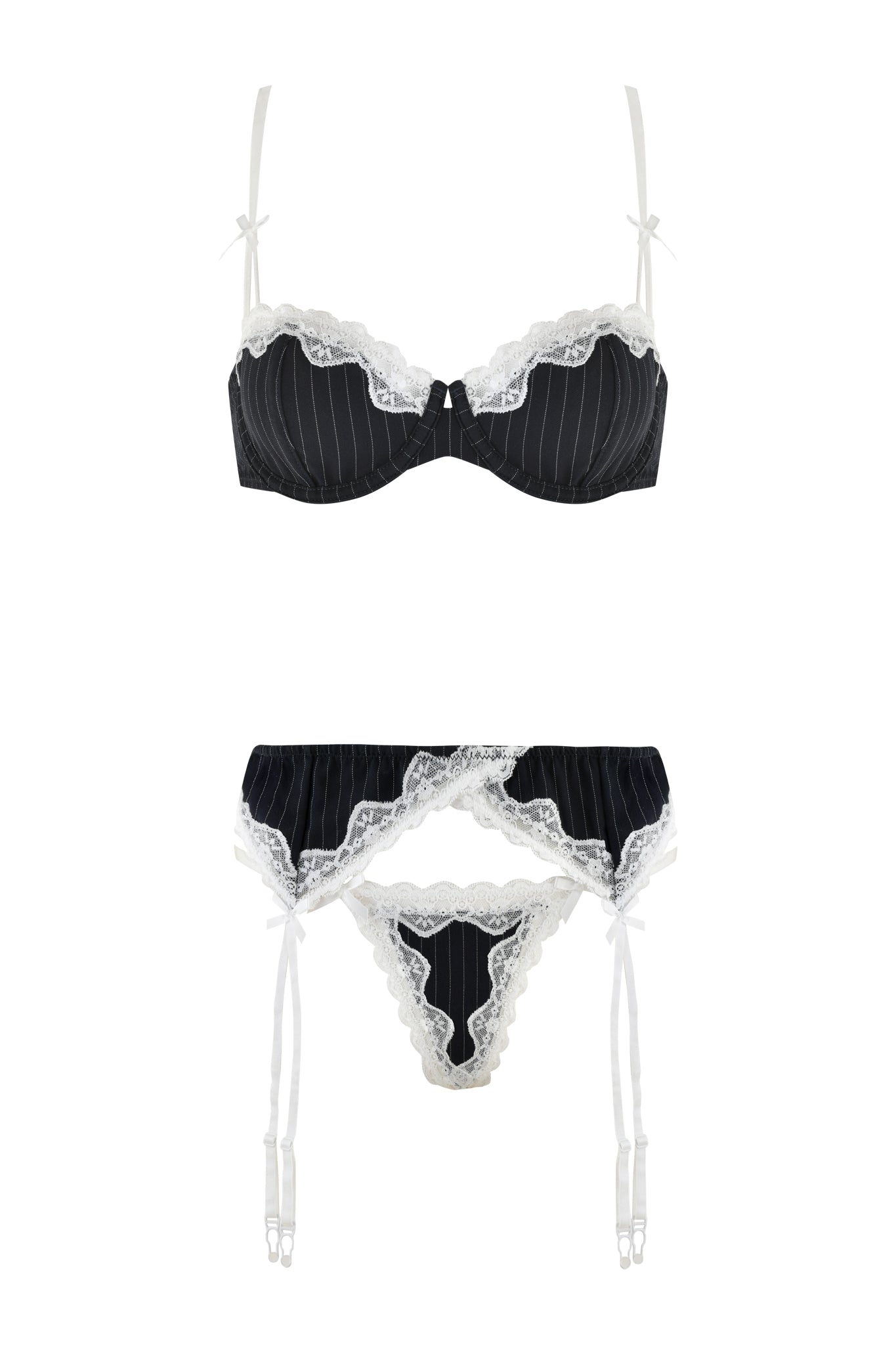 A blue pinstripe RAINE 3 PIECE SET by I.AM.GIA featuring a bra with lace trim, bows, and adjustable straps, paired with a matching garter belt and thong, all accented with white lace detailing. The ensemble exudes an elegant and stylish appearance.