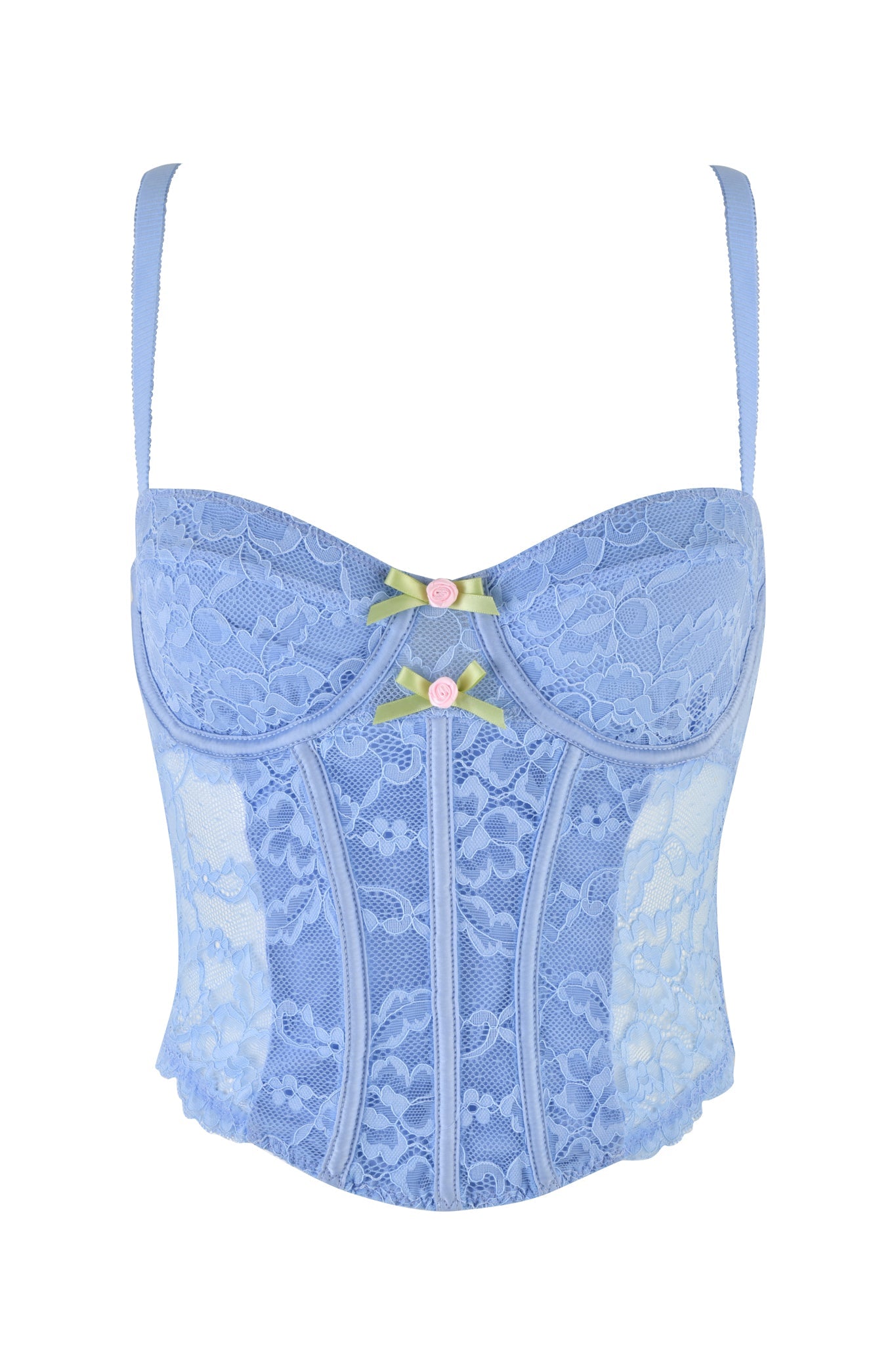 The CALLISTA BUSTIER - BLUE : LACE by I.AM.GIA is a light blue lace bustier with adjustable shoulder straps and underwired cups. The front is adorned with two small green ribbons with pink rose embellishments. The lace floral pattern extends throughout, and the lower section features structured boning for support, accentuating a bodycon silhouette.