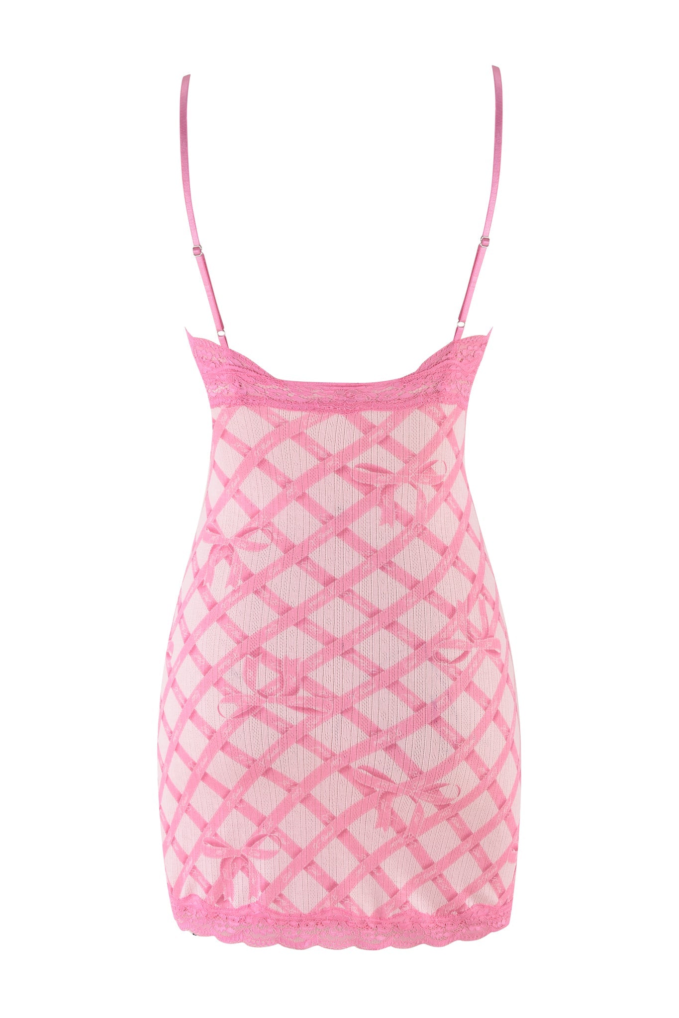 The I.AM.GIA Cassia Slip Dress in pink features a diamond lattice print with thin straps, lace trim, and a bodycon fit that mimics the look of pink wrapping paper.