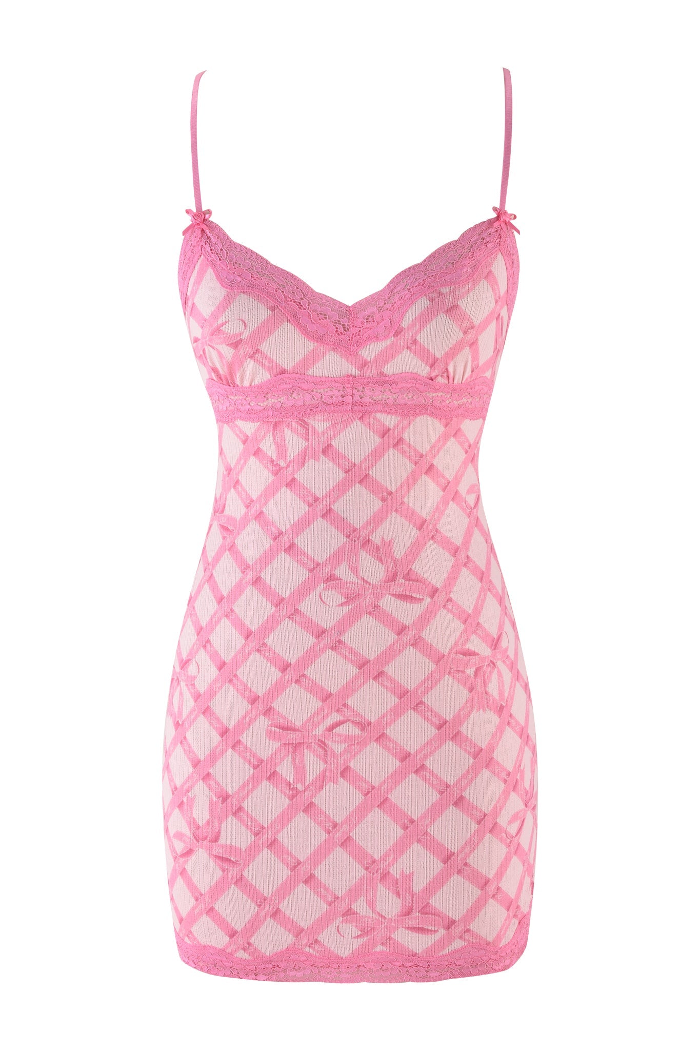 The I.AM.GIA Cassia Slip Dress in pink features intricate floral lace with lingerie-style scalloped edges and spaghetti straps. Its bodycon fit perfectly contours the body, creating a stunning silhouette reminiscent of delicate wrapping paper print.