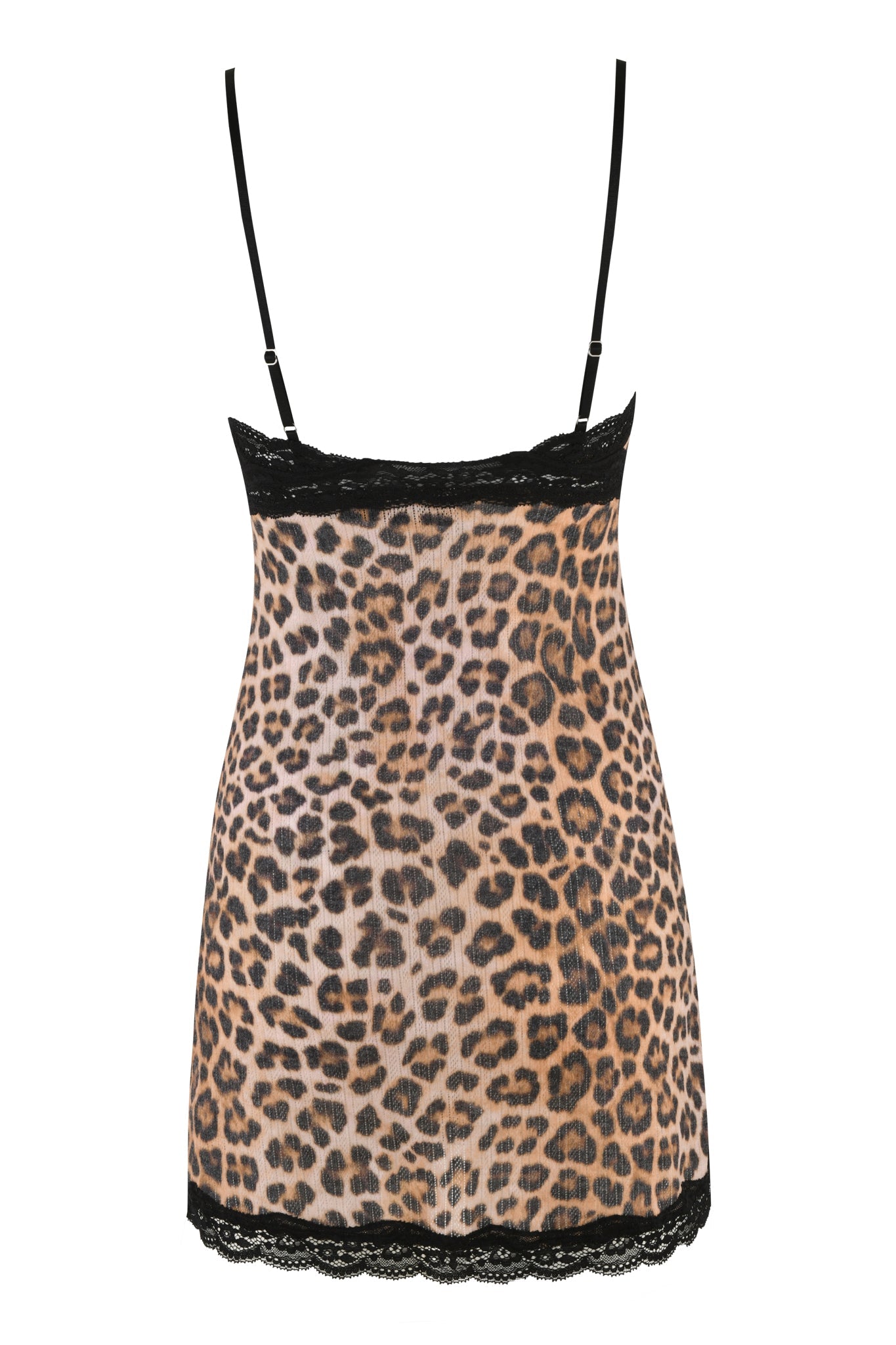 The CASSIA SLIP DRESS - NEUTRAL : LEOPARD by I.AM.GIA features a striking leopard print design. This semi-sheer slip dress includes black adjustable spaghetti straps, a black lace trim along the top edge, and a black lace hem at the bottom.